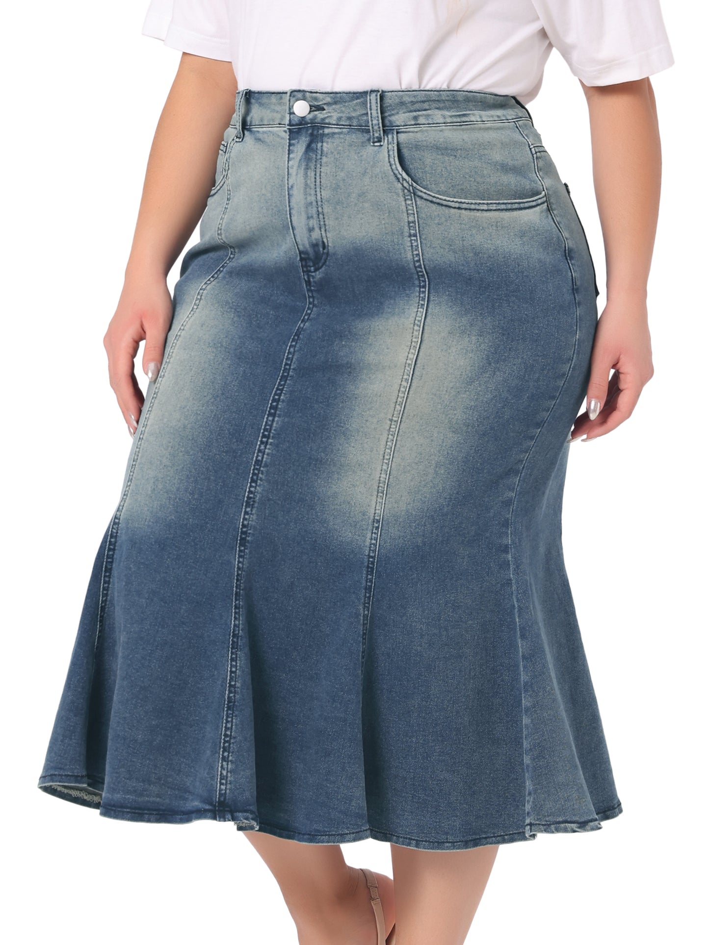 Women Plus Size Denim Skirts Fishtail Bodycon Elegant High Waist Mermaid Denim Midi Jean Skirt