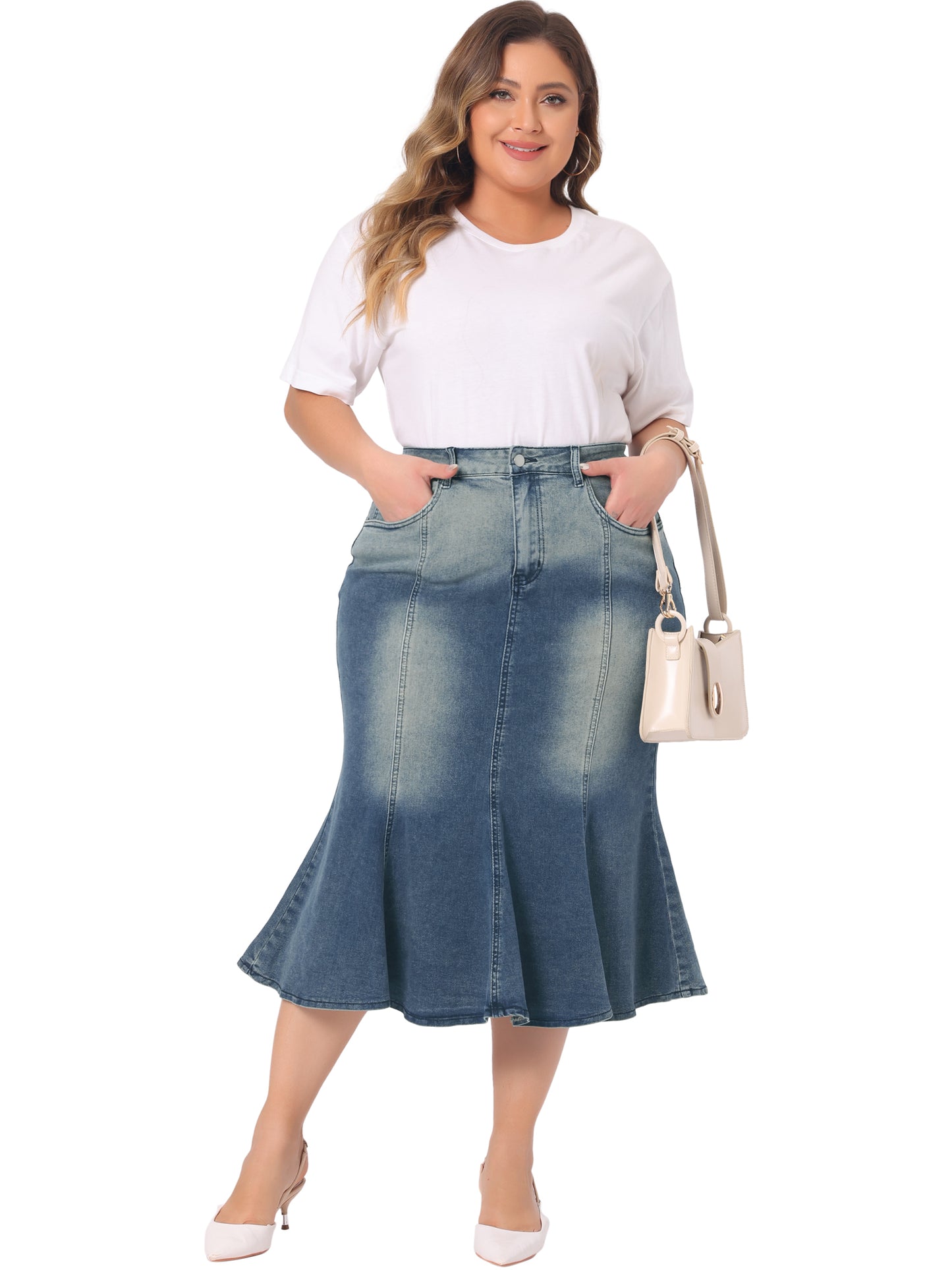 Women Plus Size Denim Skirts Fishtail Bodycon Elegant High Waist Mermaid Denim Midi Jean Skirt