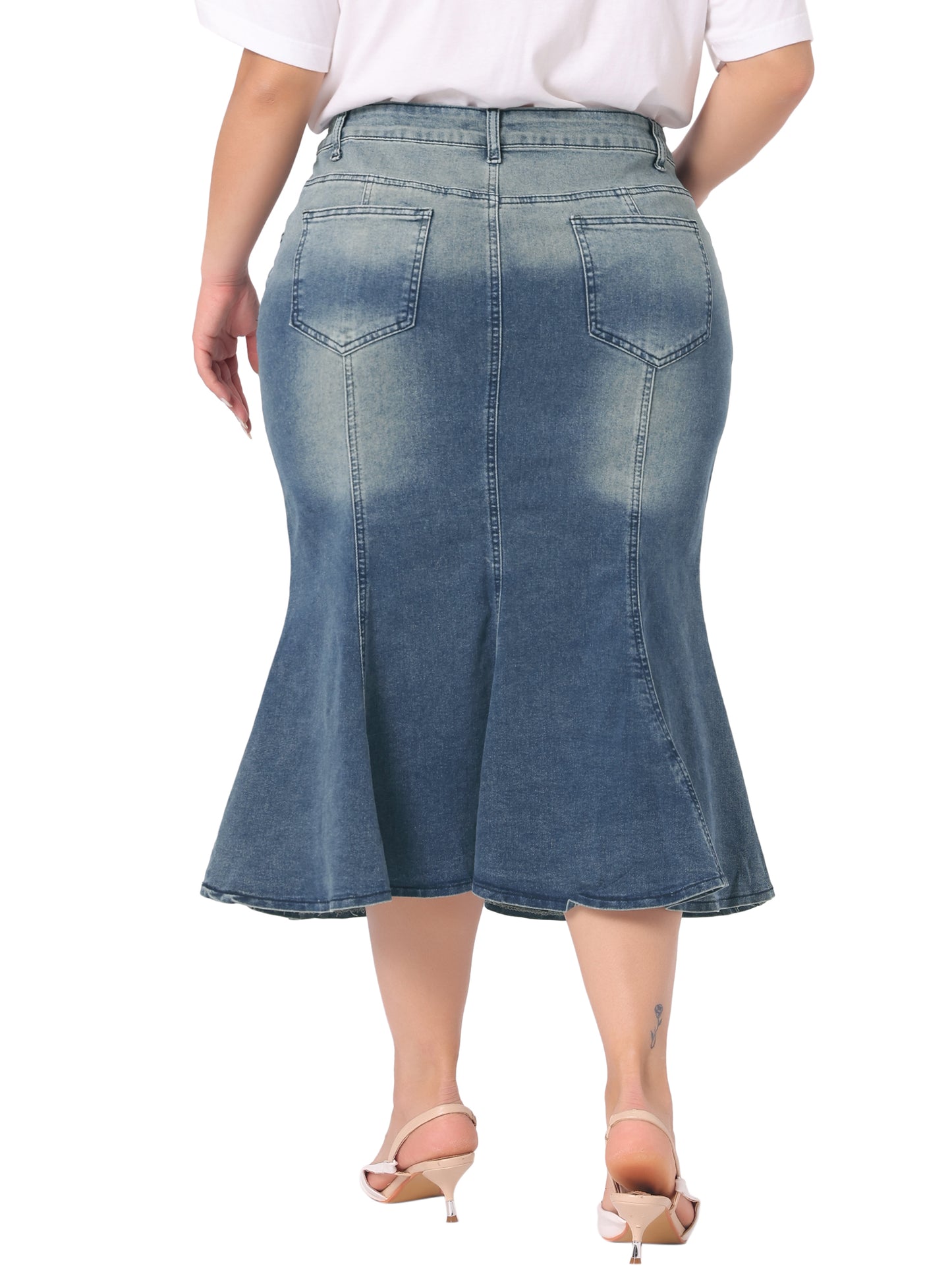 Women Plus Size Denim Skirts Fishtail Bodycon Elegant High Waist Mermaid Denim Midi Jean Skirt