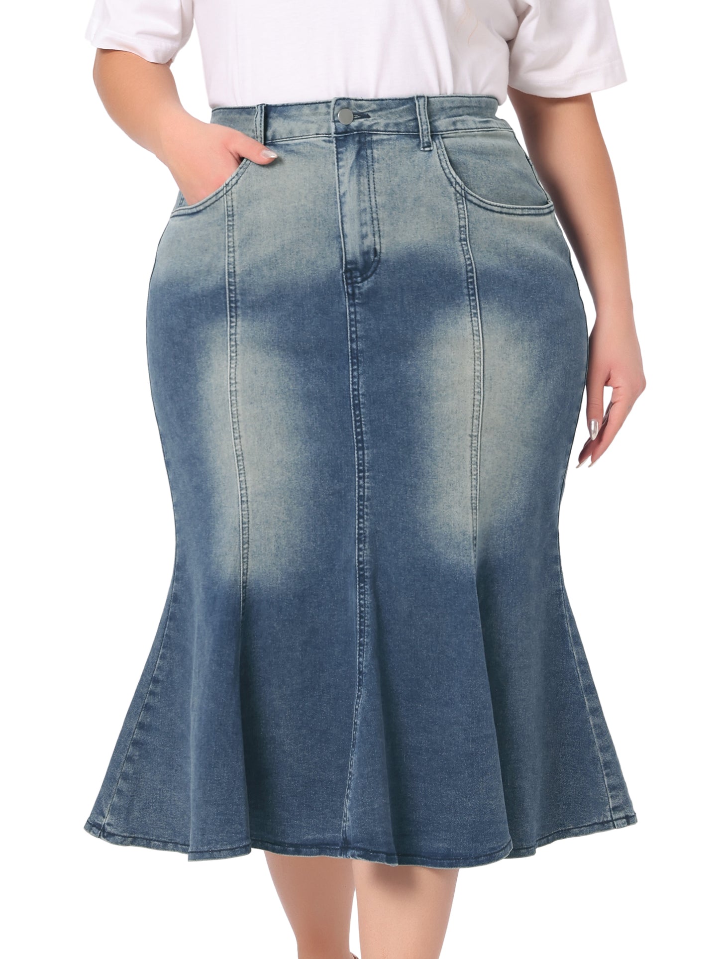 Women Plus Size Denim Skirts Fishtail Bodycon Elegant High Waist Mermaid Denim Midi Jean Skirt