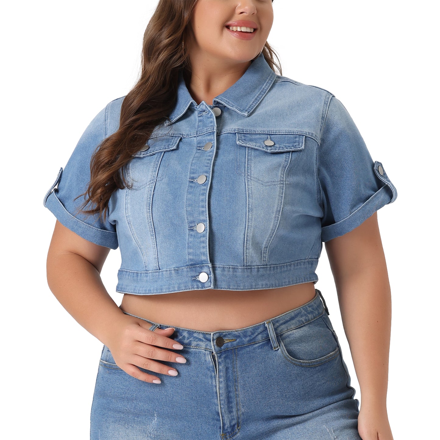 Women Plus Size Short Sleeve Denim Jacket Button Washed Cropped Jean Jacket