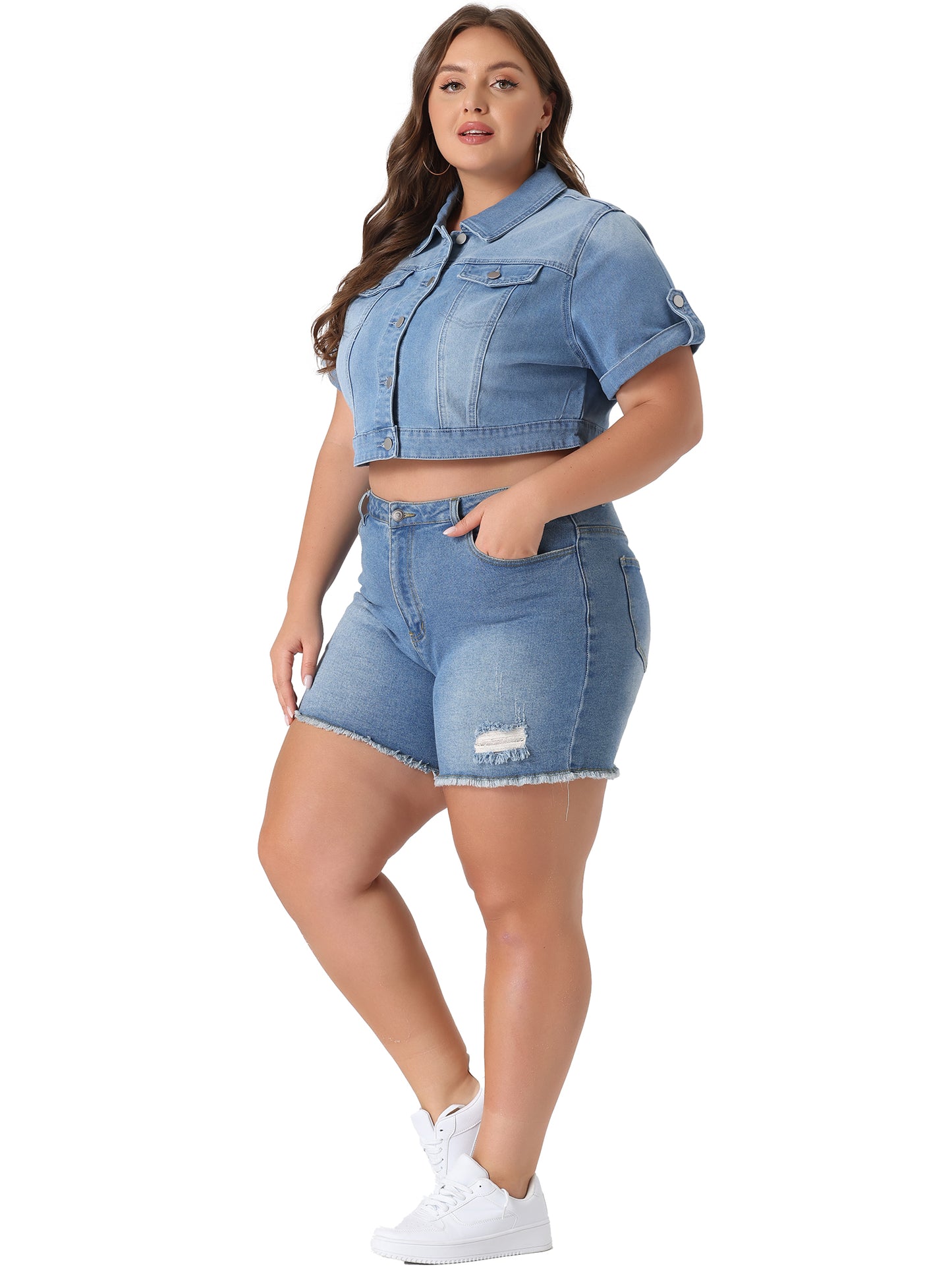 Women Plus Size Short Sleeve Denim Jacket Button Washed Cropped Jean Jacket