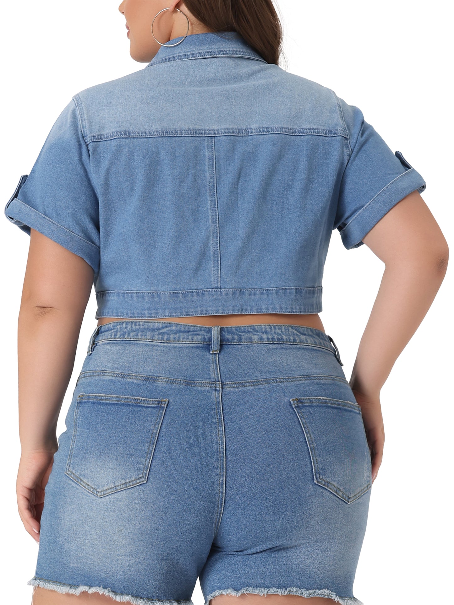 Women Plus Size Short Sleeve Denim Jacket Button Washed Cropped Jean Jacket