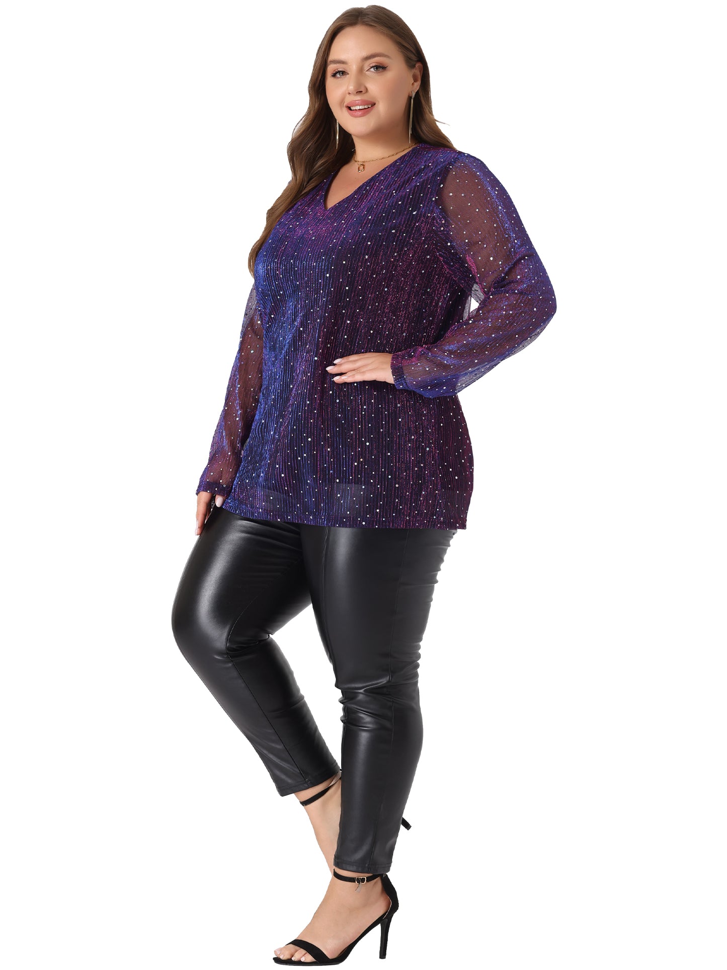 Women Plus Size Tops Long Sleeve Glitter Club Party Shirt Sparkle Blouse