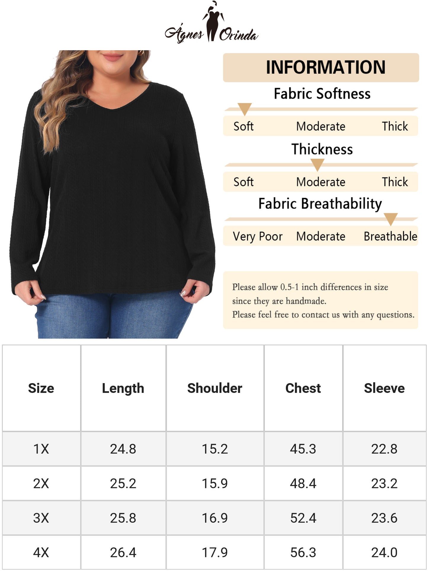 Camiseta básica de punto con cuello en V y manga larga para mujer, talla grande