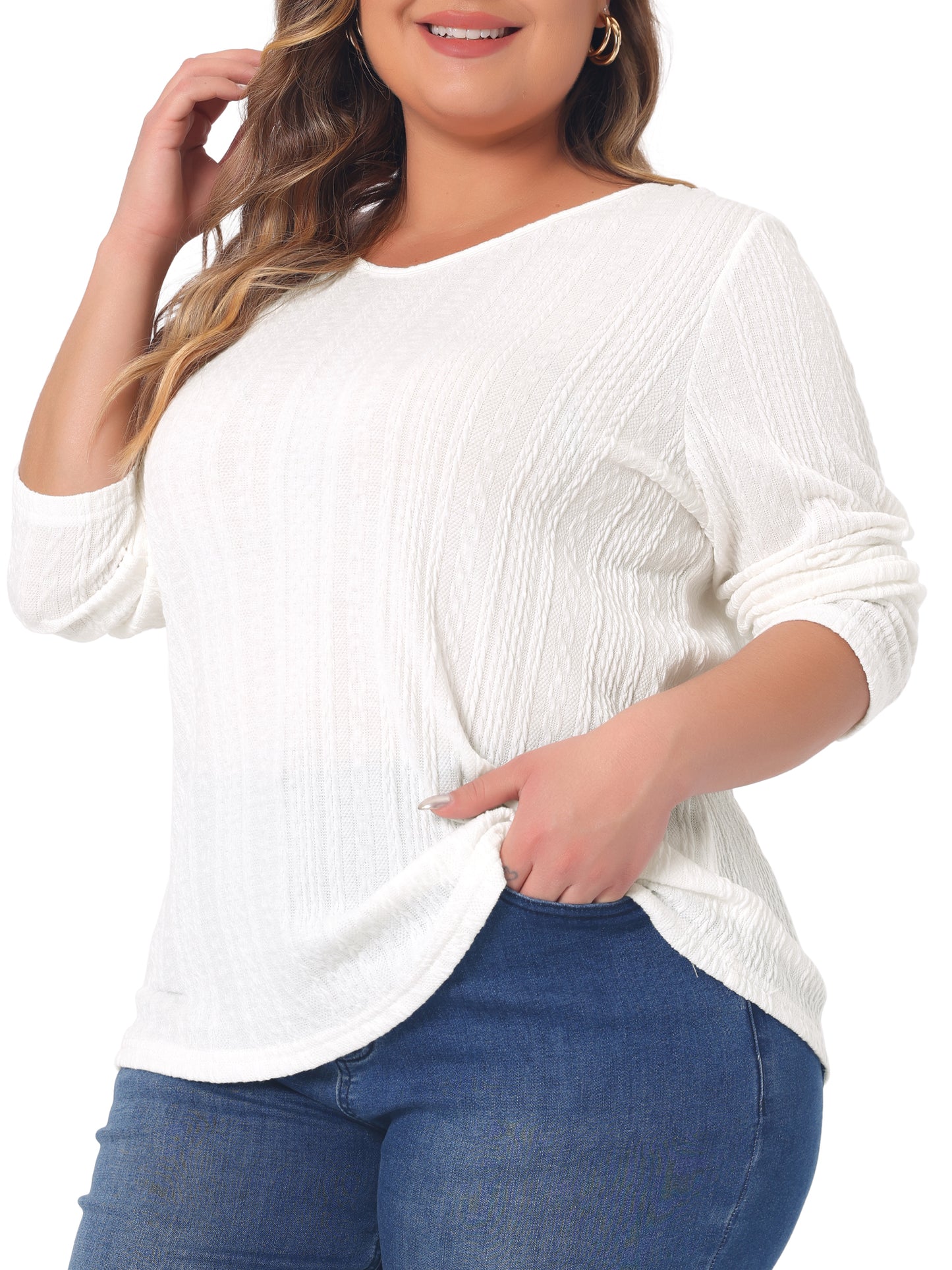 Women Plus Size Top V Neck Long Sleeve Basic Knit Pullover Tee T-Shirt