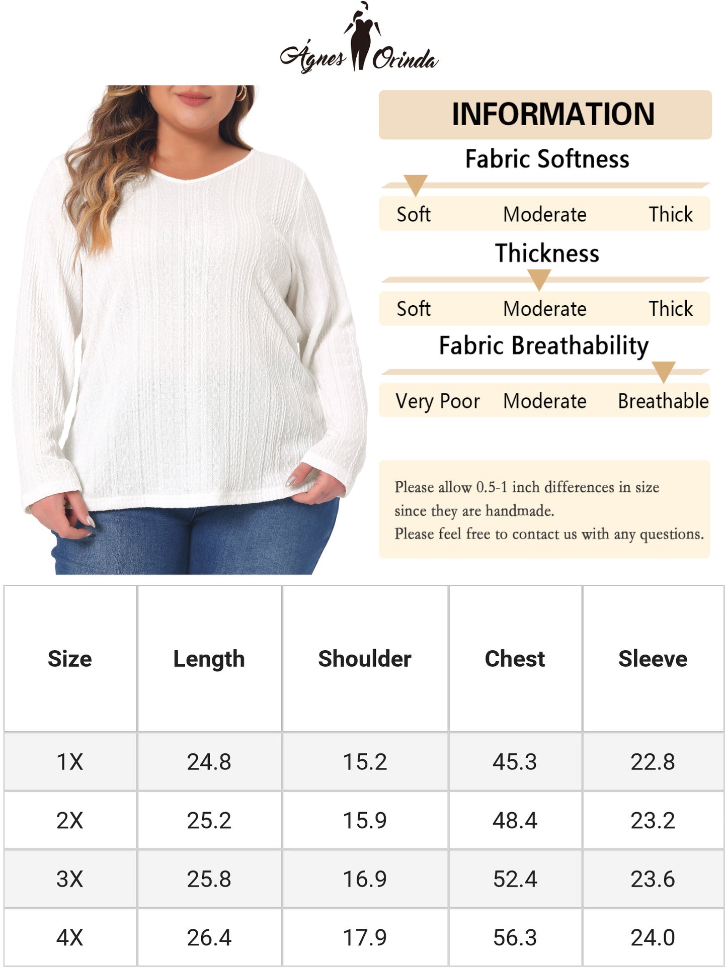 Camiseta básica de punto con cuello en V y manga larga para mujer, talla grande