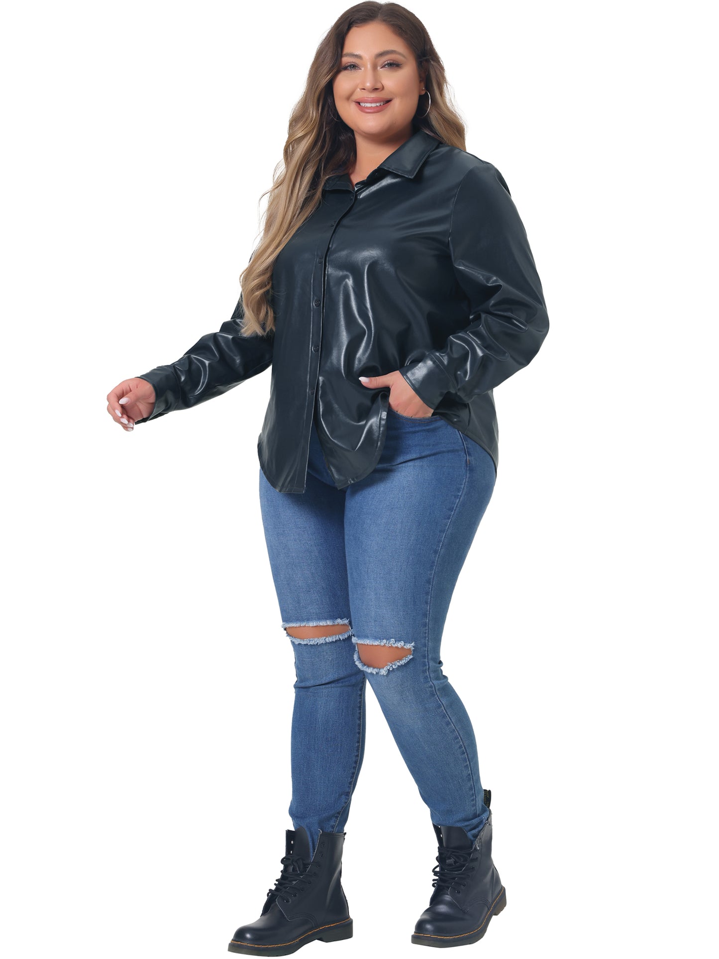 Women Plus Size Faux Leather Jacket Shacket Button Down Shirt