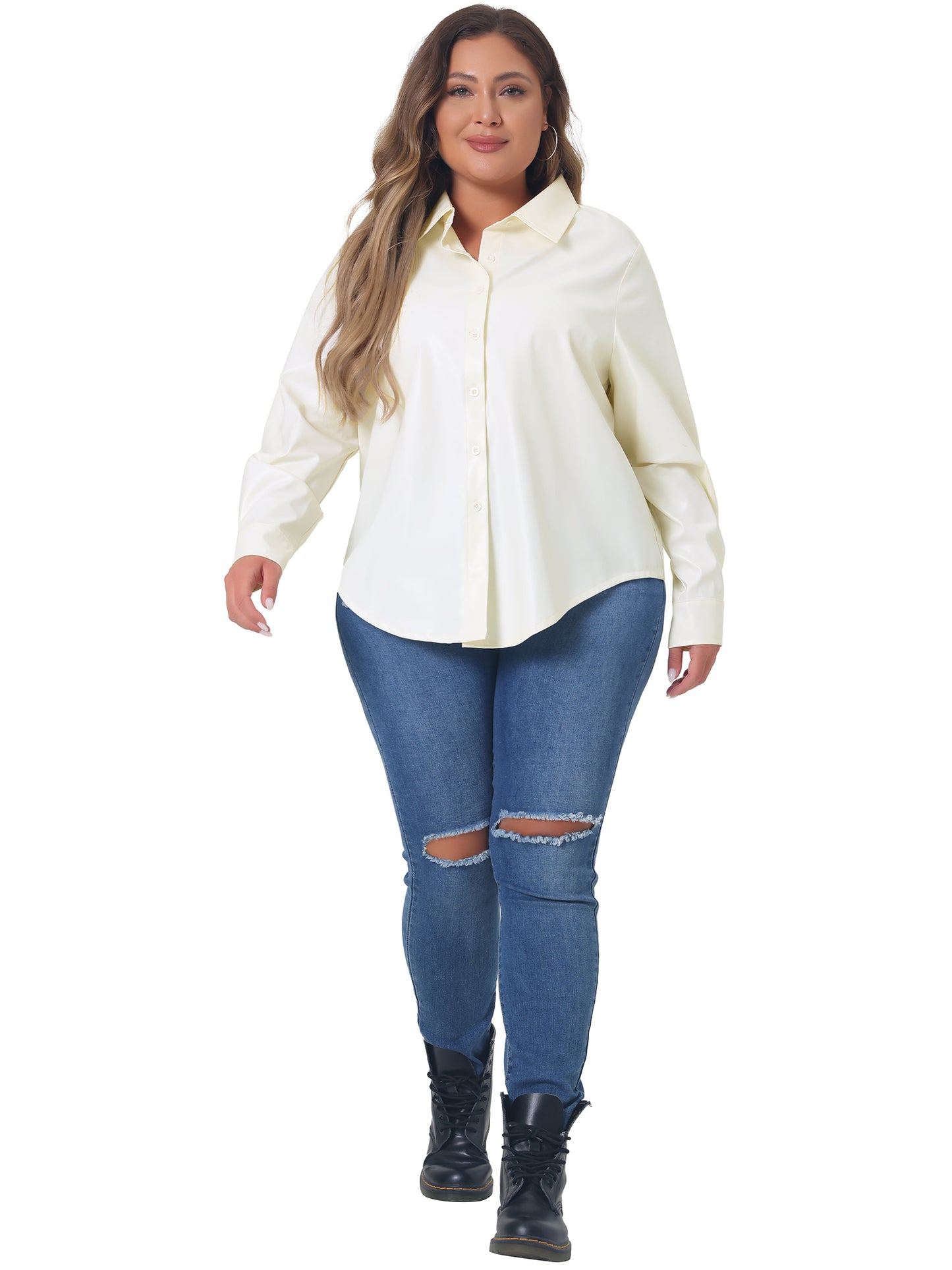 Women Plus Size Faux Leather Jacket Shacket Button Down Shirt