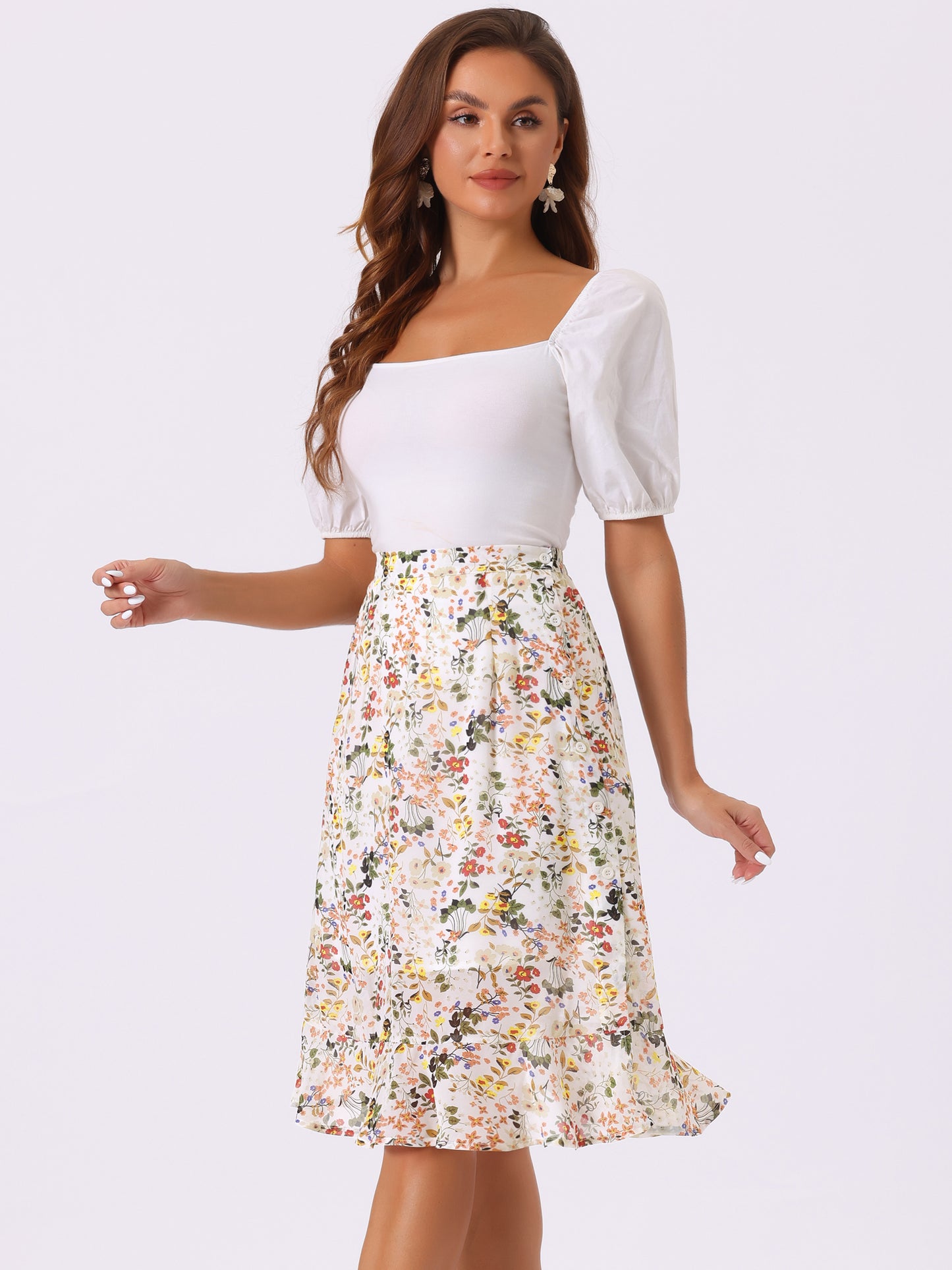Women's Floral Midi Skirts Summer Ruffle High Waist Flowy A-Line Split Knee Length Skirt (Available in Plus Size)