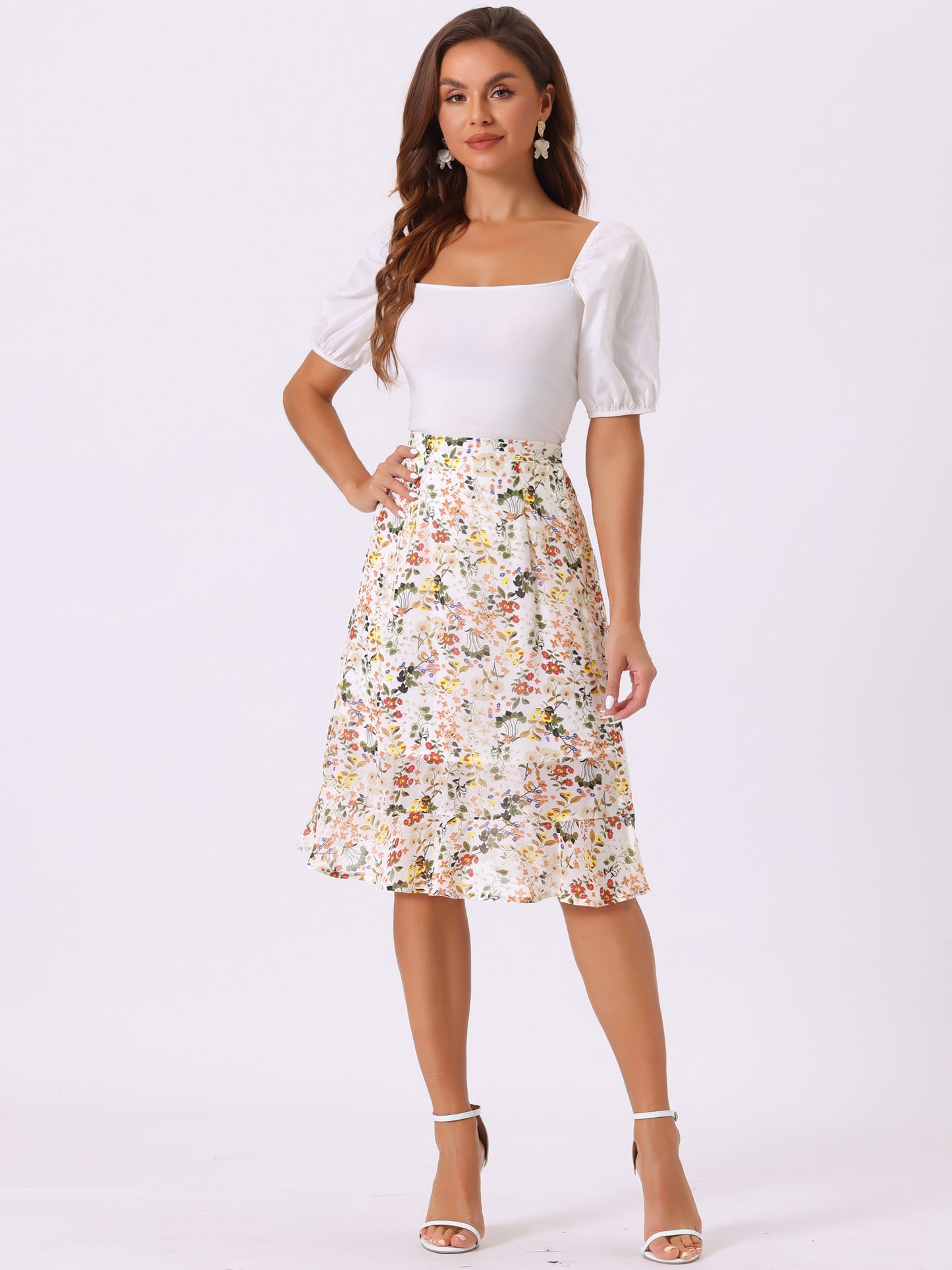Women's Floral Midi Skirts Summer Ruffle High Waist Flowy A-Line Split Knee Length Skirt (Available in Plus Size)