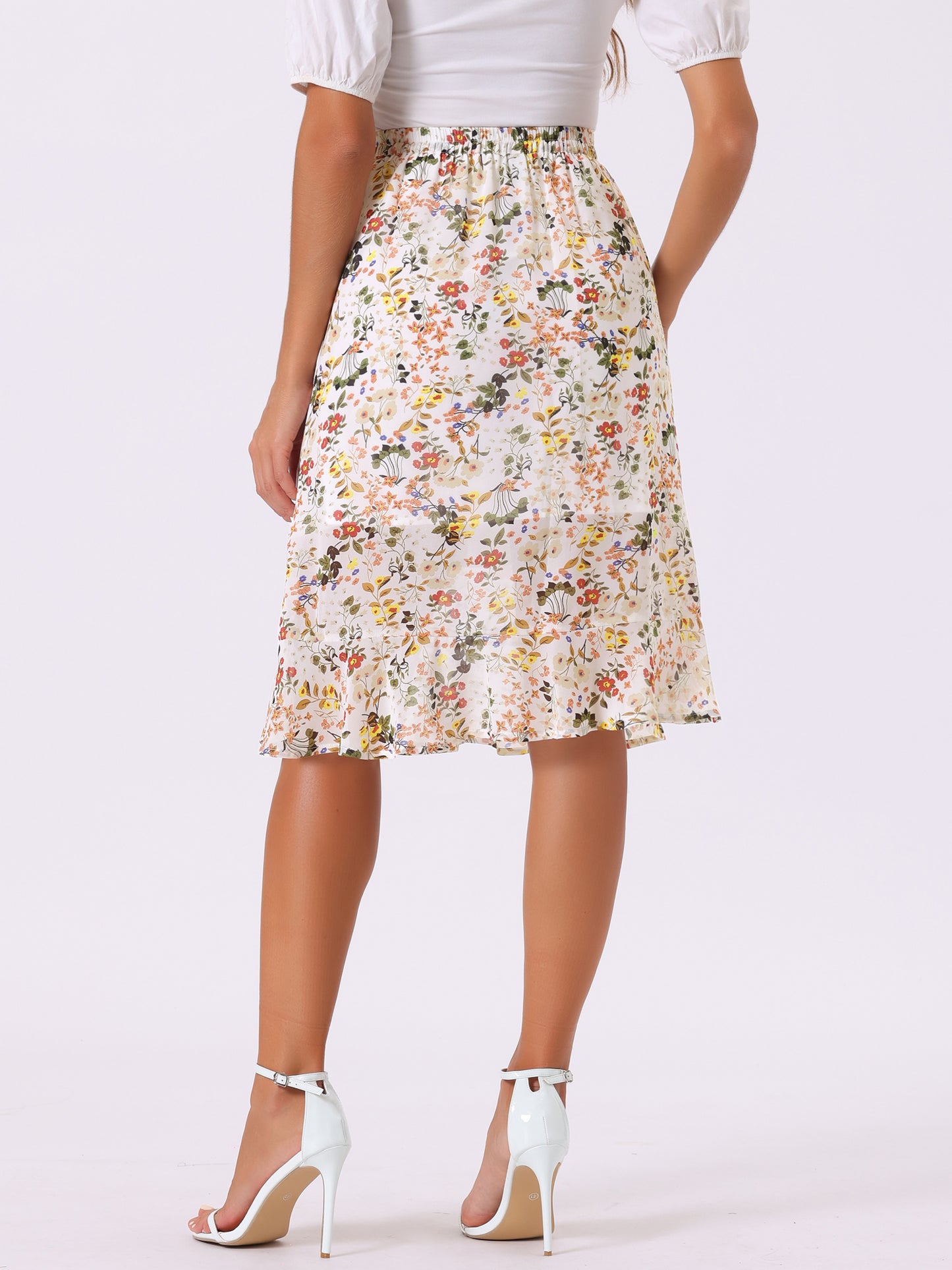 Women's Floral Midi Skirts Summer Ruffle High Waist Flowy A-Line Split Knee Length Skirt (Available in Plus Size)