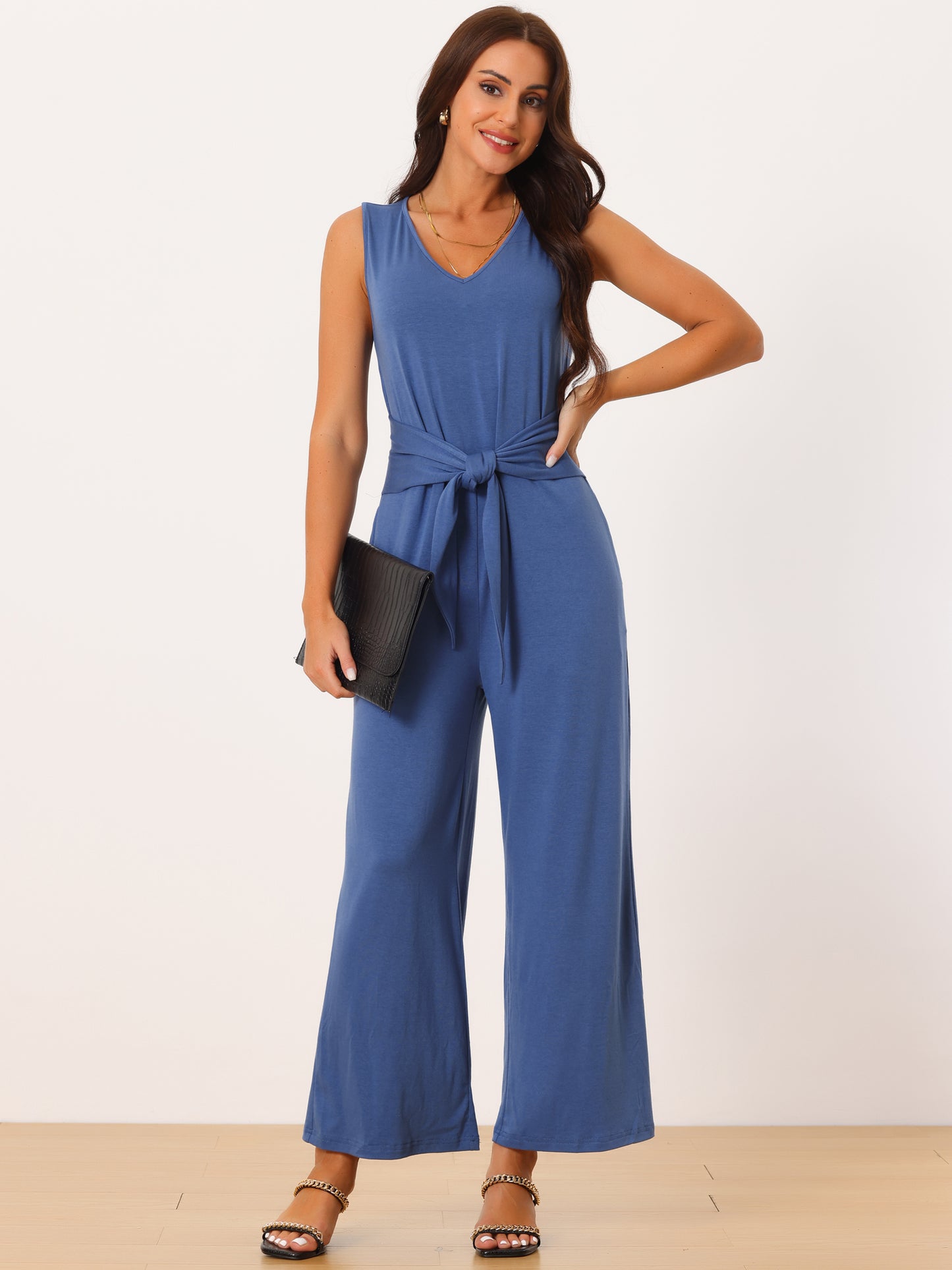 Women's V Neck Sleeveless Jumpsuits Belted High Waist Stretchy Wide Leg Casual Jumpsuit with Pockets