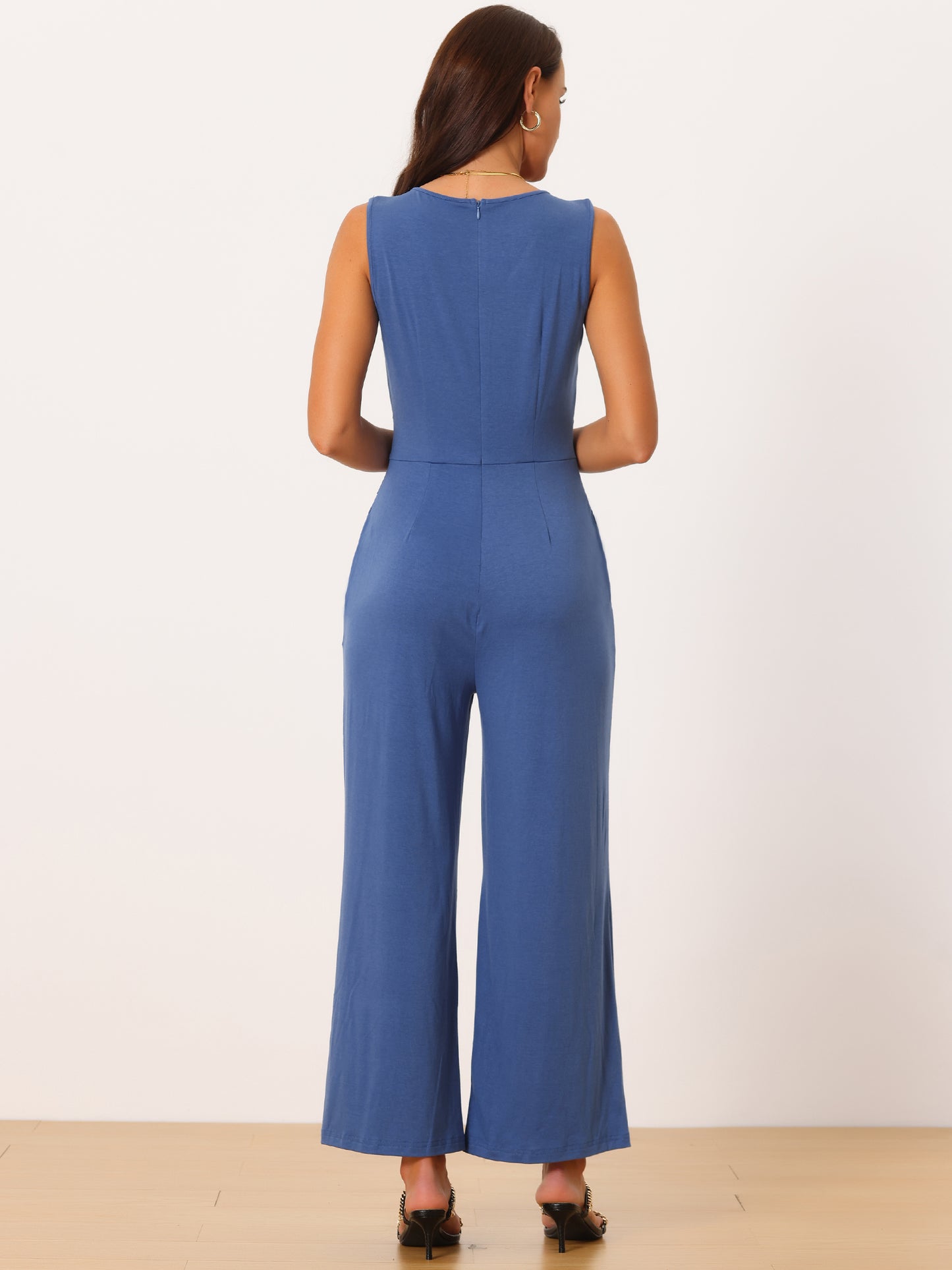 Women's V Neck Sleeveless Jumpsuits Belted High Waist Stretchy Wide Leg Casual Jumpsuit with Pockets