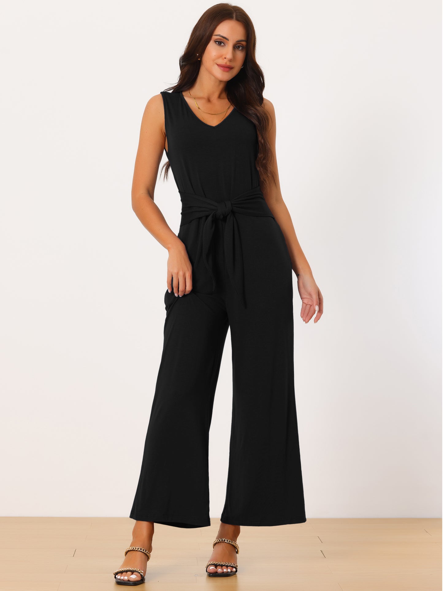 Women's V Neck Sleeveless Jumpsuits Belted High Waist Stretchy Wide Leg Casual Jumpsuit with Pockets