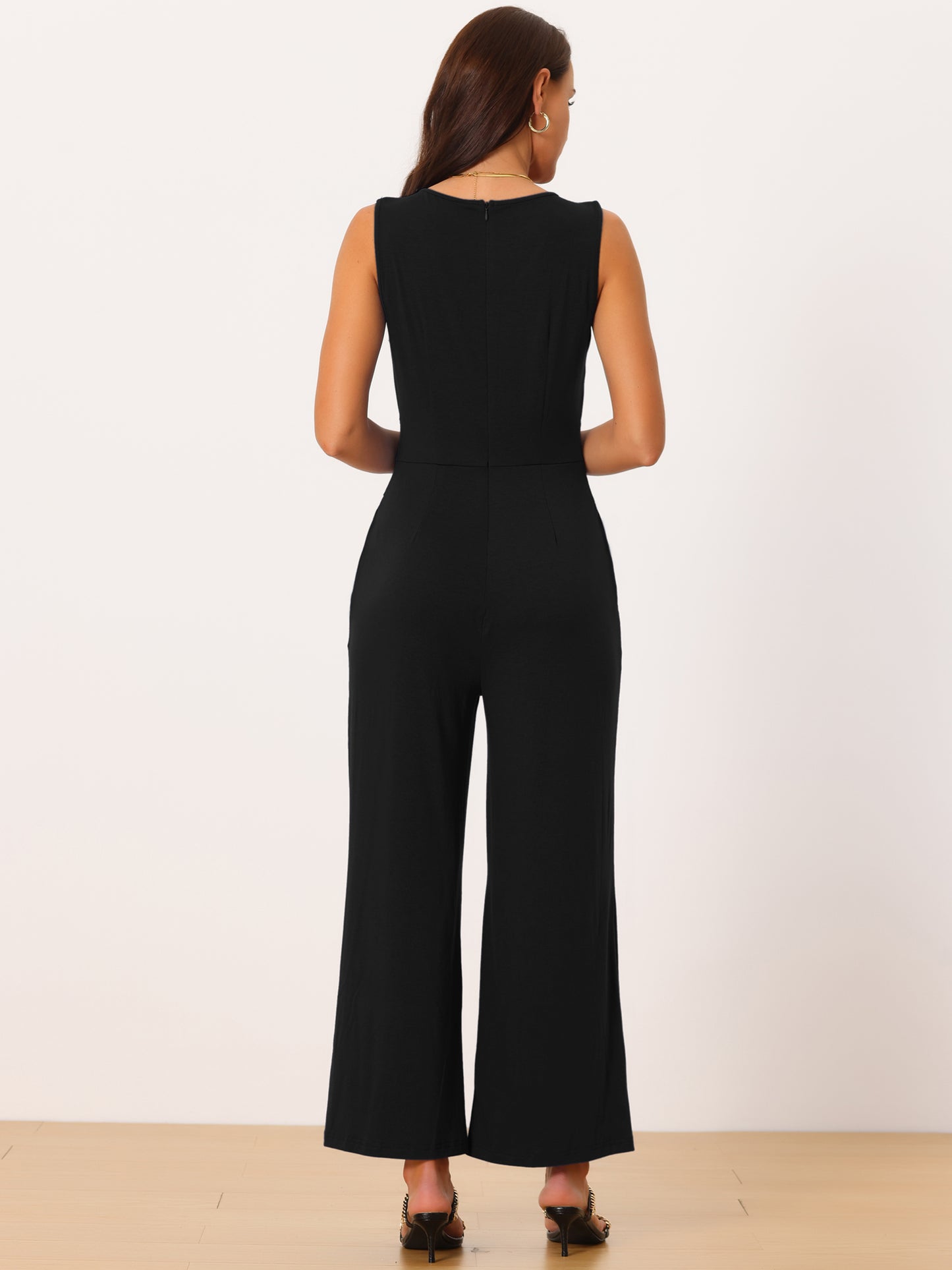 Women's V Neck Sleeveless Jumpsuits Belted High Waist Stretchy Wide Leg Casual Jumpsuit with Pockets