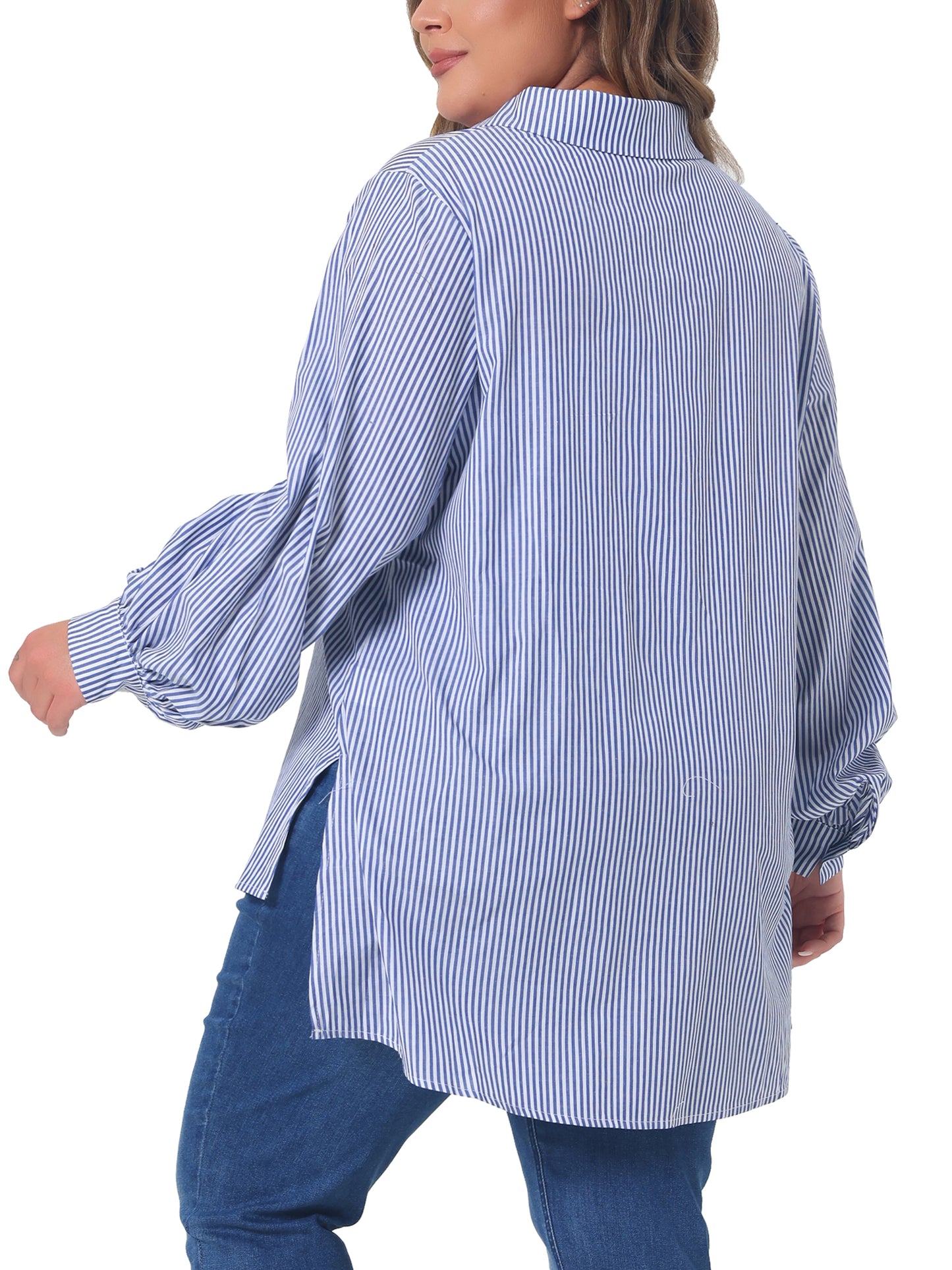 Women Plus Size Shirts Button Down Collared Long Sleeve Classic Office Work Striped Top