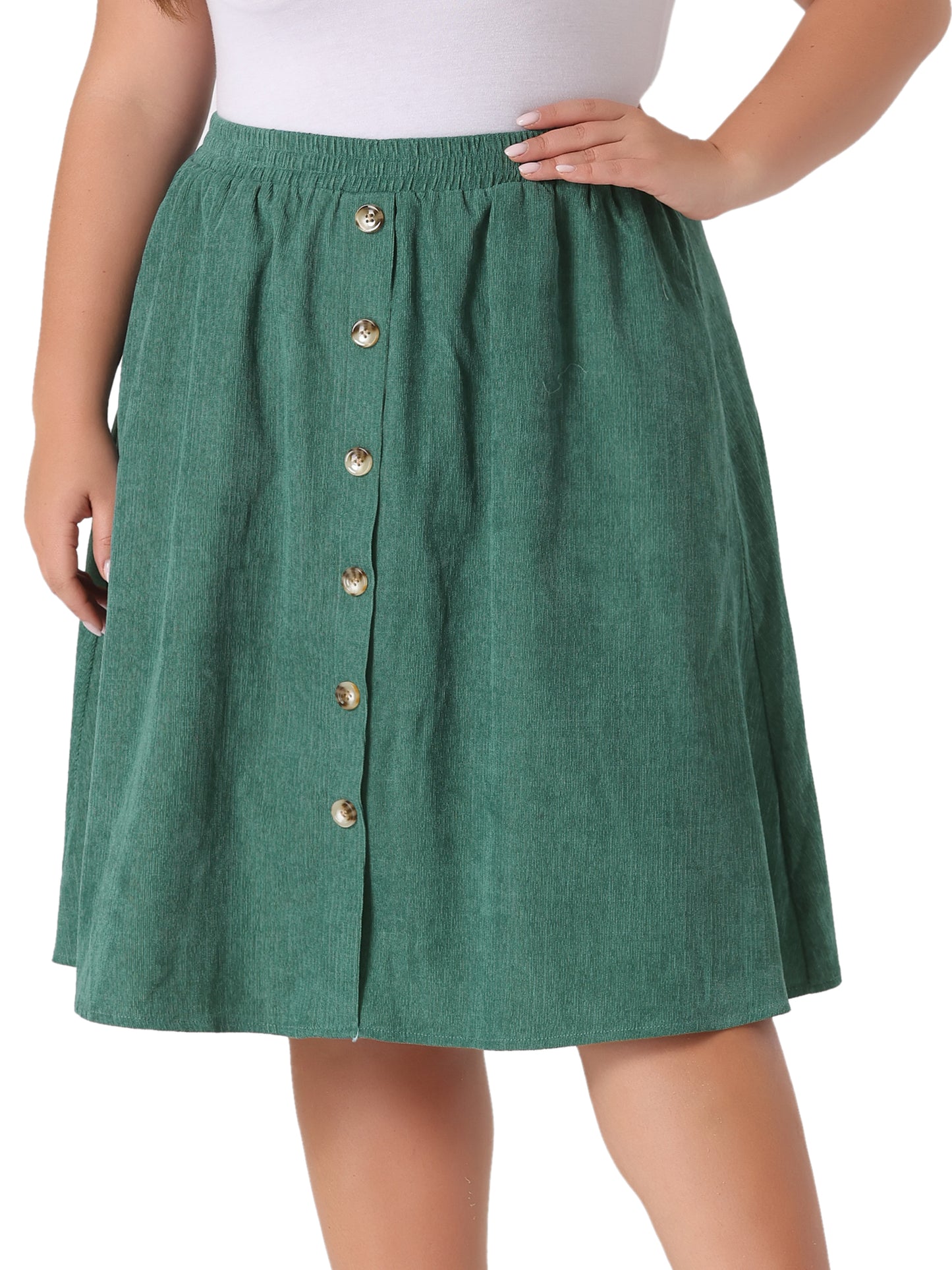 Women Plus Size Corduroy Midi Skirts Elastic High Waist Button Front A-Line Skirt with Pockets