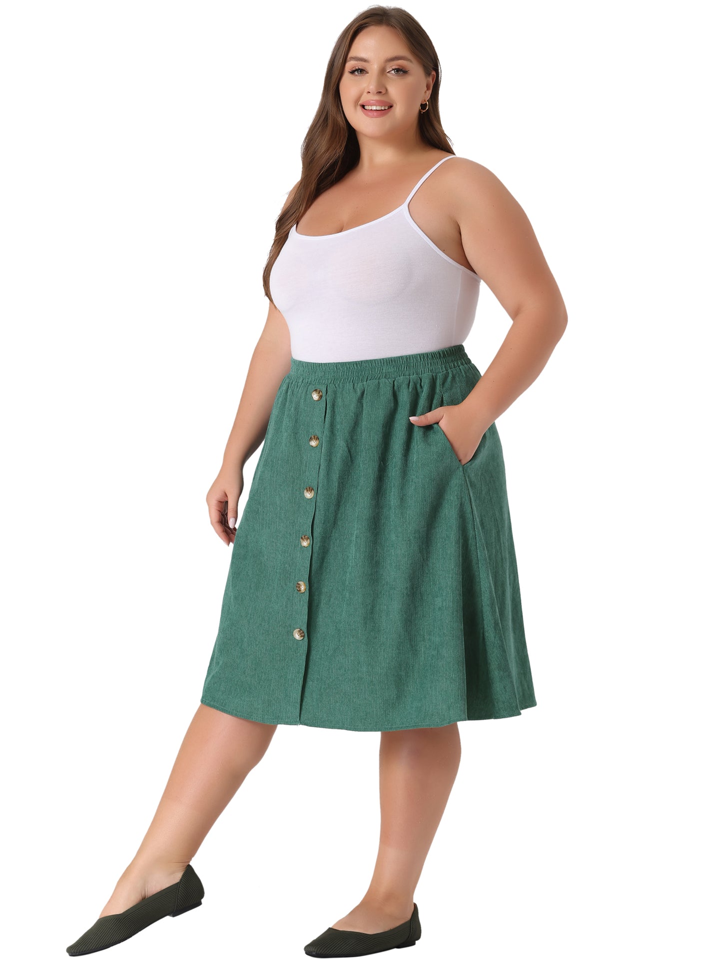 Women Plus Size Corduroy Midi Skirts Elastic High Waist Button Front A-Line Skirt with Pockets