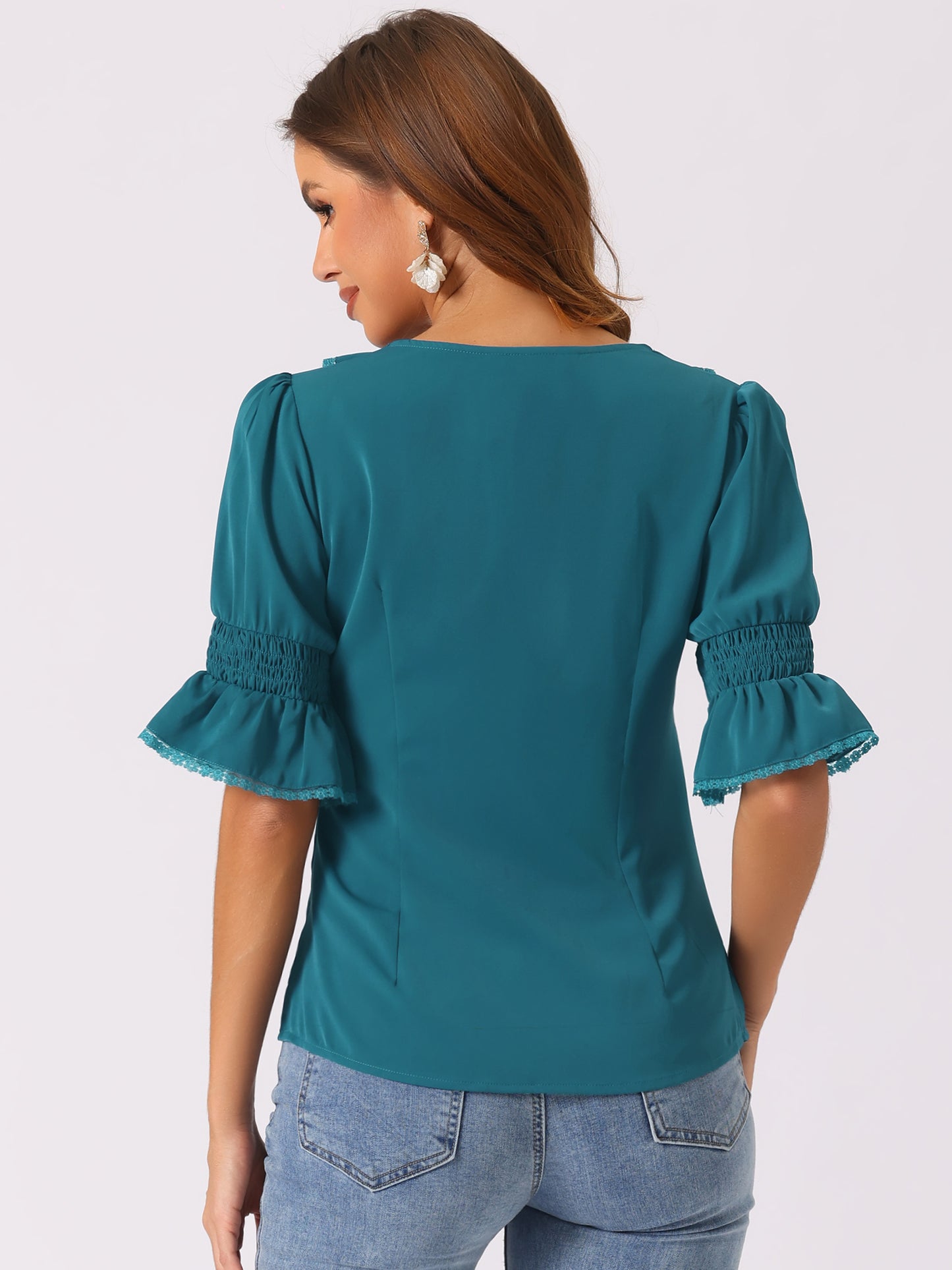 Women's Ruffle V Neck Puff Sleeve Blouse Summer Casual Chiffon Top