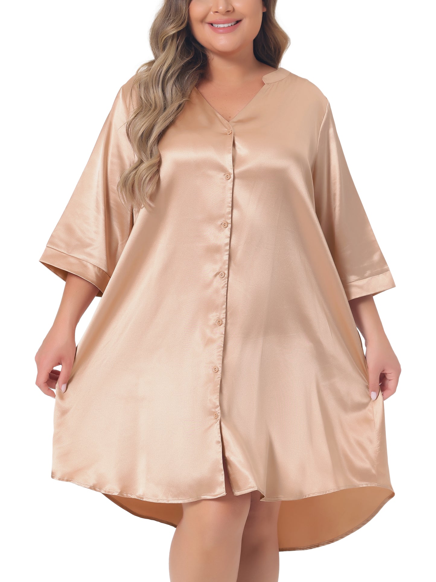 Women Plus Size Nightshirt Satin Button Down 3/4 Sleeve with Pockets Nightgown
