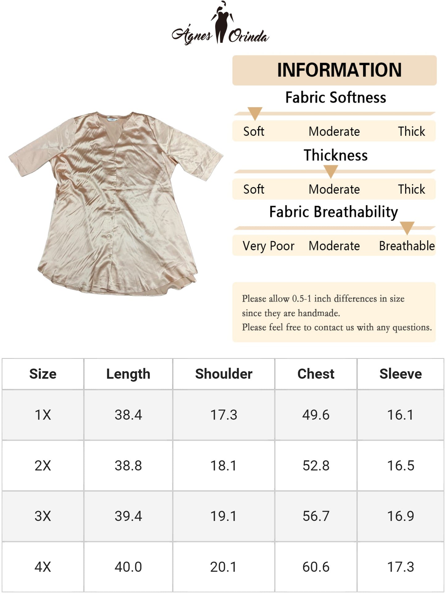 Camisón de satén con botones y mangas 3/4 y bolsillos para mujer, talla grande