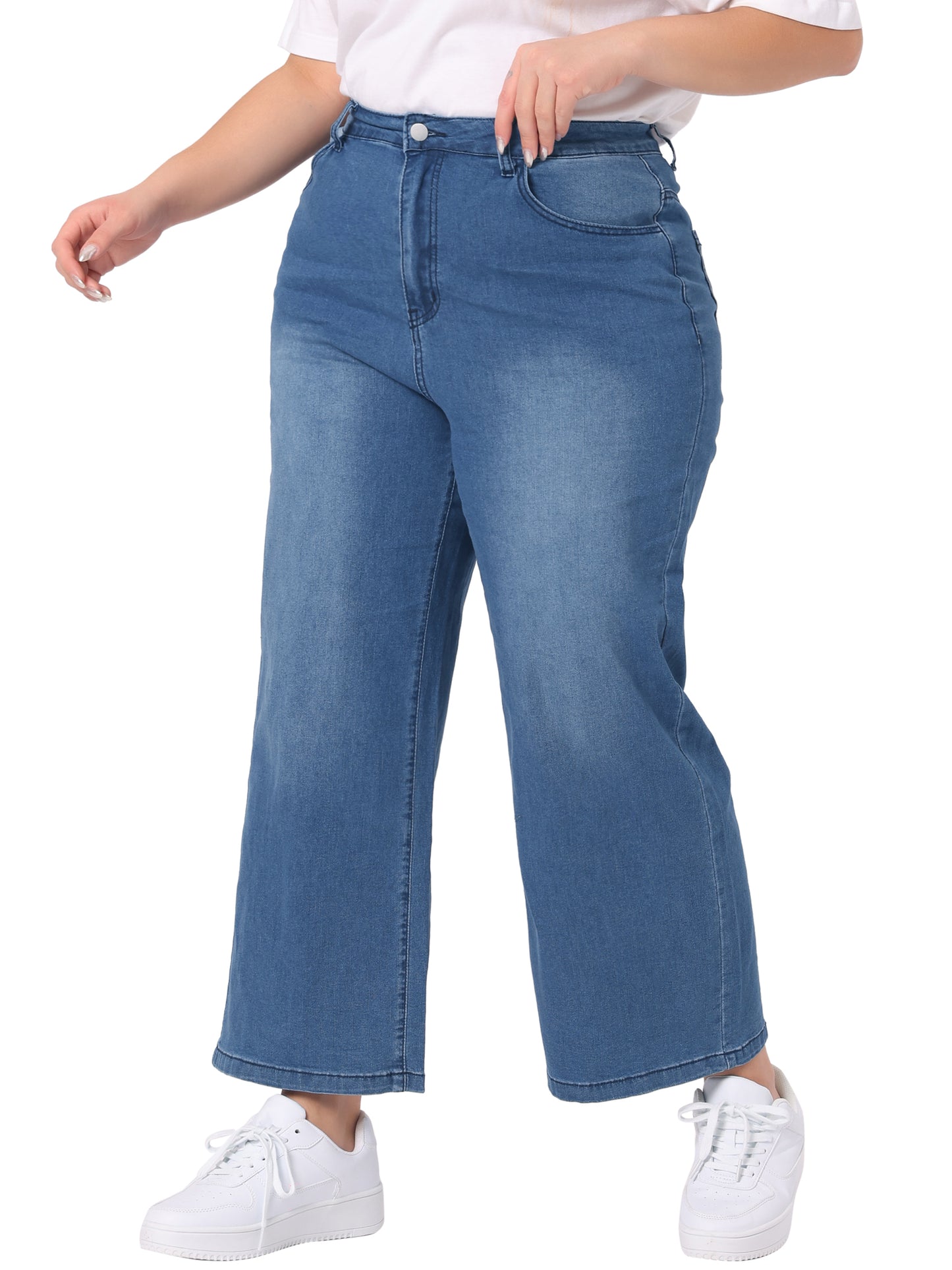 Women Plus Size Jeans Stretchy Washed Button Wide Leg Jeans Palazzo Pants