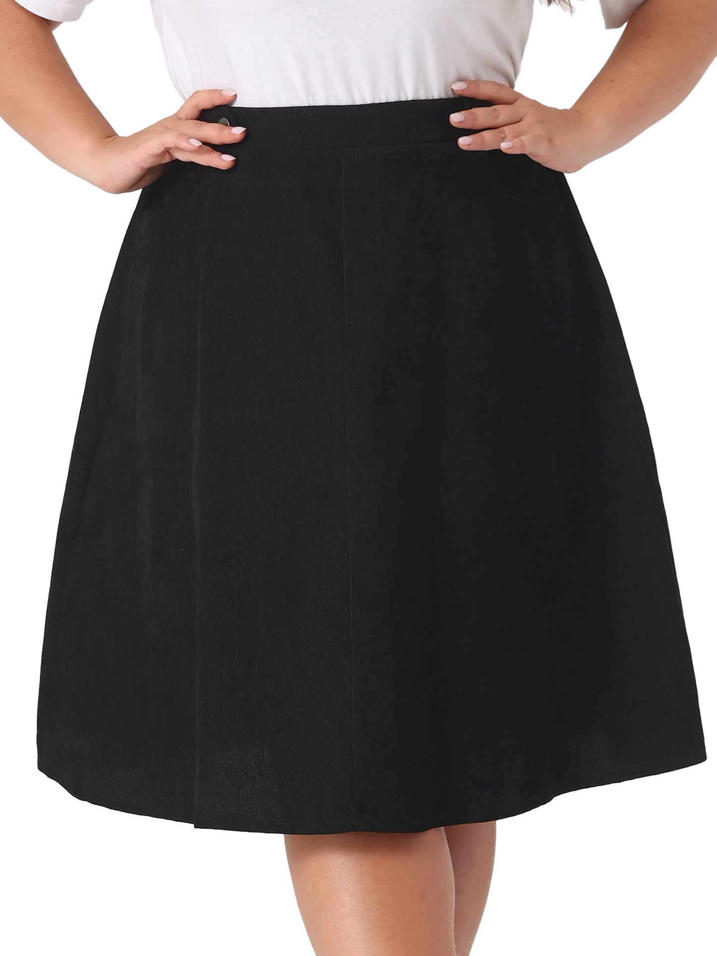 Women Plus Size Corduroy Skirt Elastic High A Line With Pockets Midi Skirt