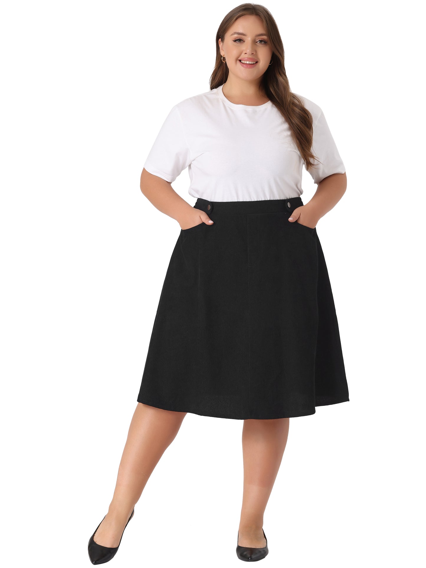 Women Plus Size Corduroy Skirt Elastic High A Line With Pockets Midi Skirt