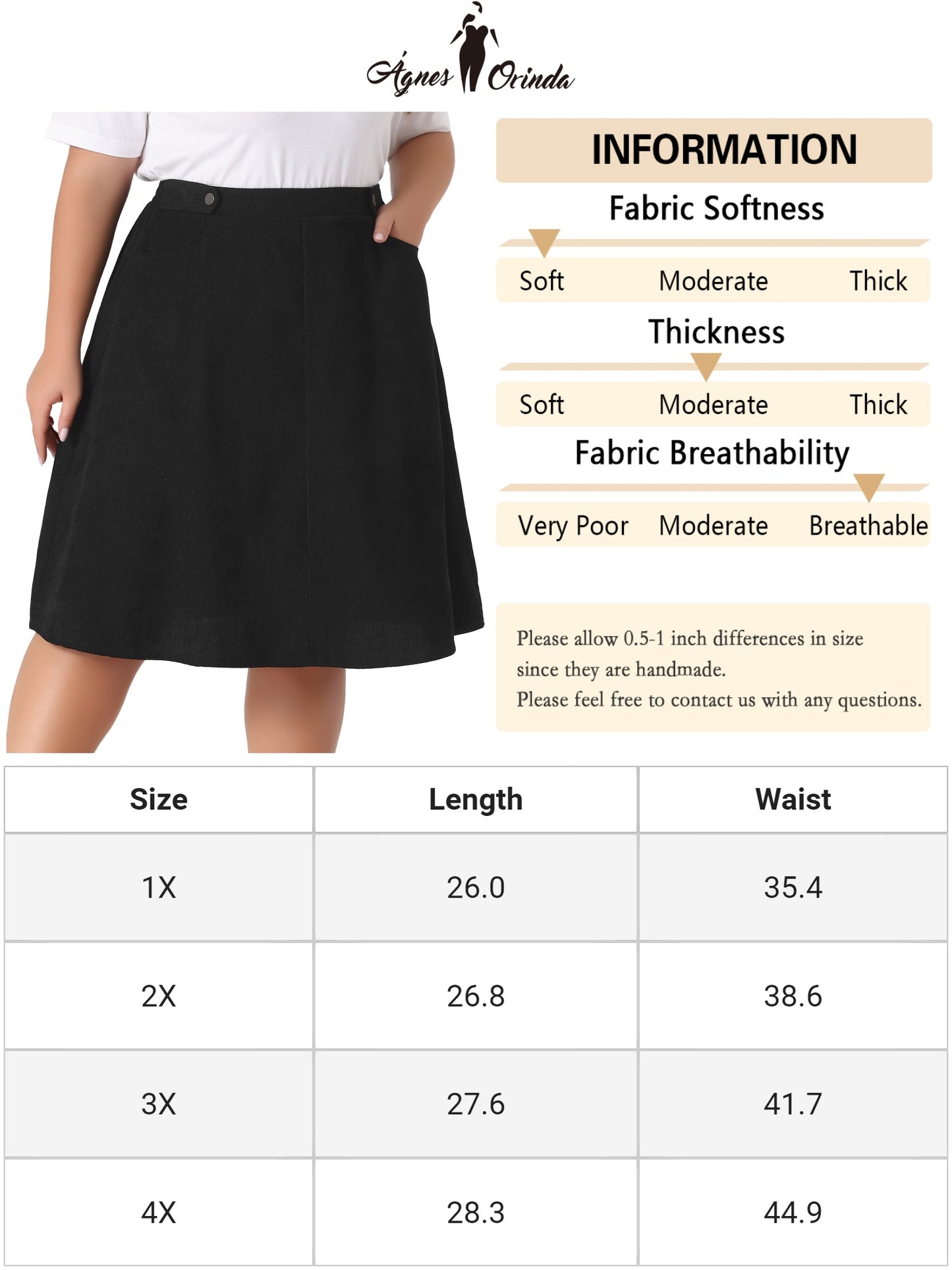 Women Plus Size Corduroy Skirt Elastic High A Line With Pockets Midi Skirt