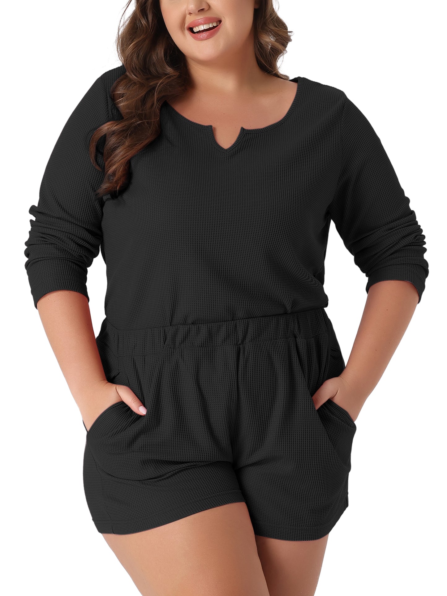 Women Plus Size Loungewear Waffle 2 Piece Long Sleeved Tops and Shorts Pajama Sweatsuits Set
