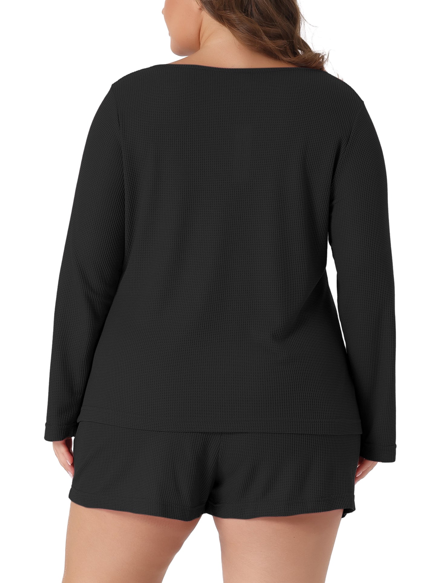 Women Plus Size Loungewear Waffle 2 Piece Long Sleeved Tops and Shorts Pajama Sweatsuits Set