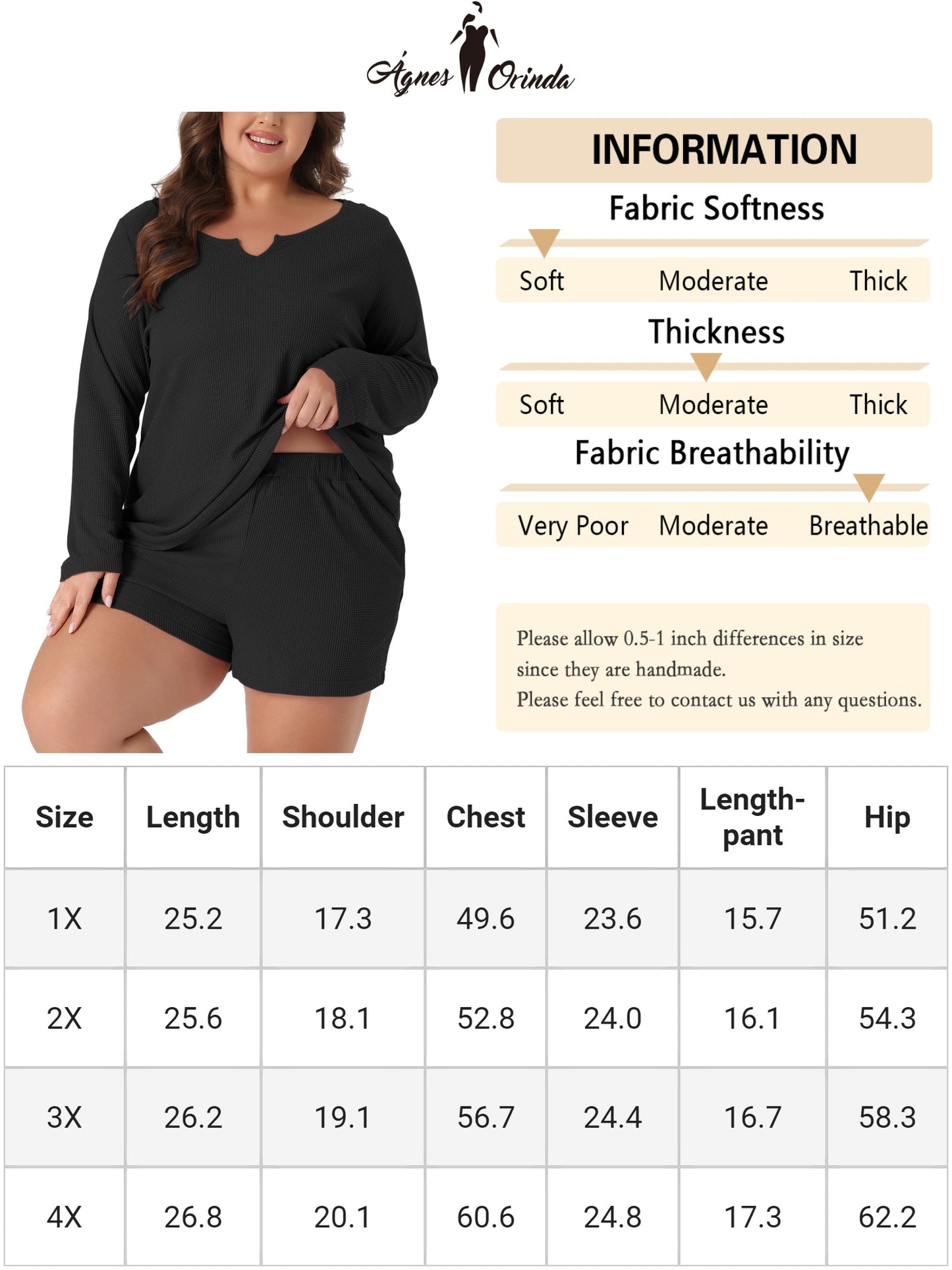 Women Plus Size Loungewear Waffle 2 Piece Long Sleeved Tops and Shorts Pajama Sweatsuits Set