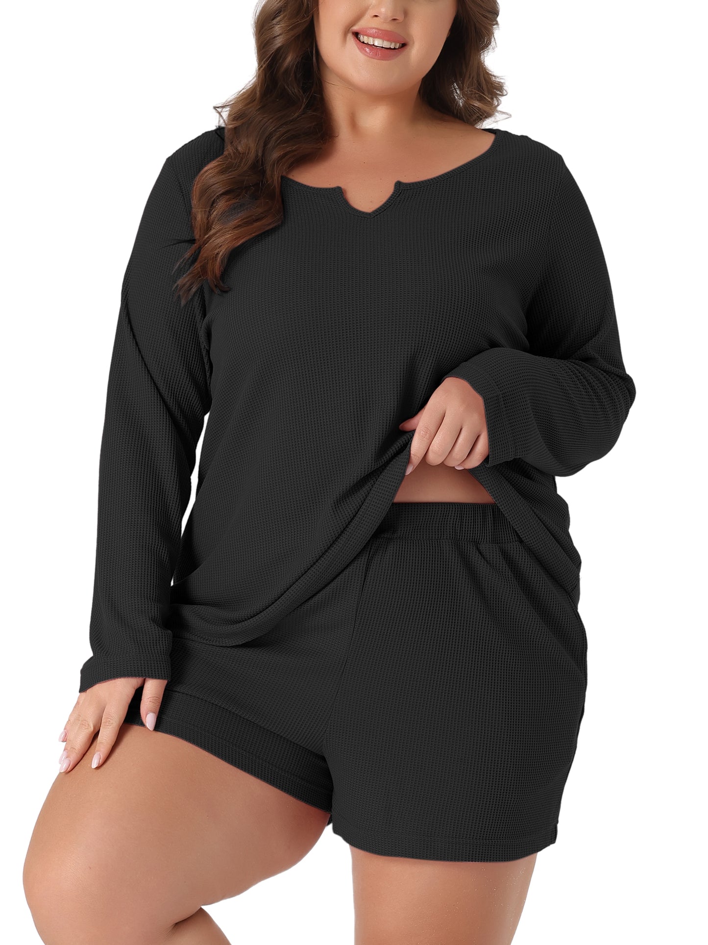 Women Plus Size Loungewear Waffle 2 Piece Long Sleeved Tops and Shorts Pajama Sweatsuits Set