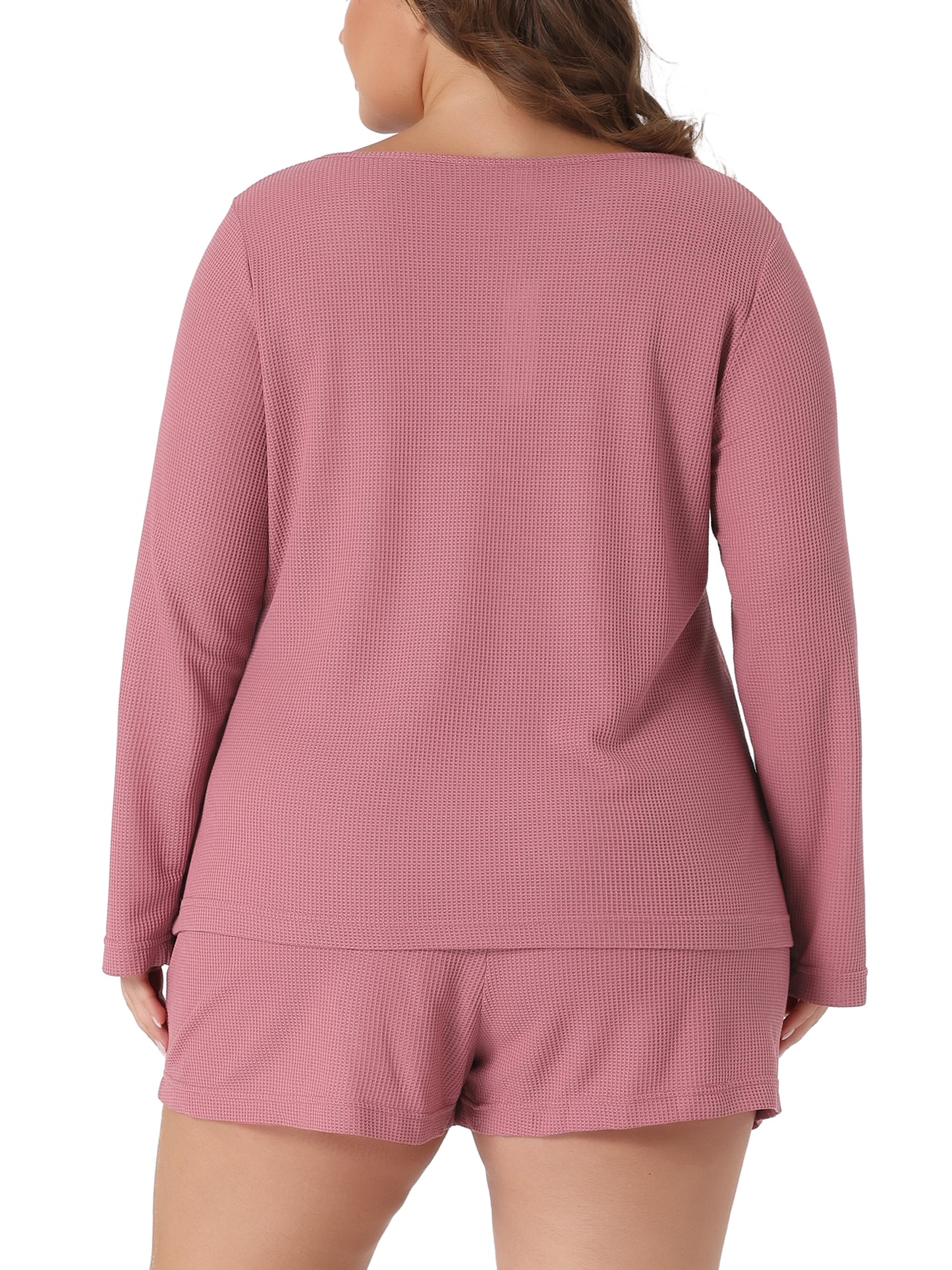 Women Plus Size Loungewear Waffle 2 Piece Long Sleeved Tops and Shorts Pajama Sweatsuits Set