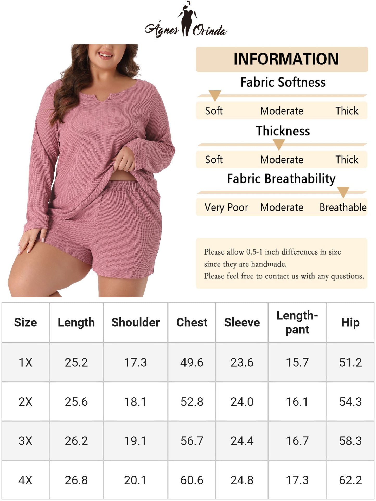 Conjunto de pijama de dos piezas con top y pantalones cortos de manga larga y estampado de gofres para mujer, talla grande