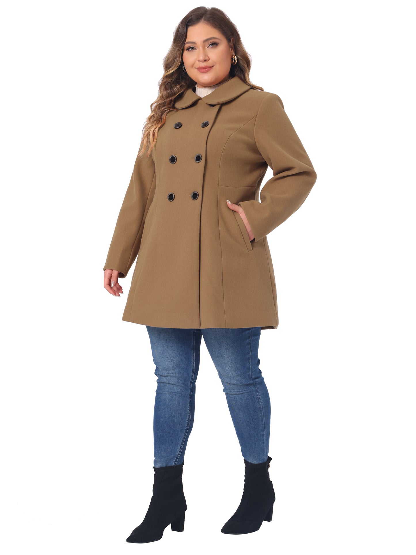 Women Plus Size Coat Peter Pan Collar Double Breasted Winter Warm Coat with Pockets