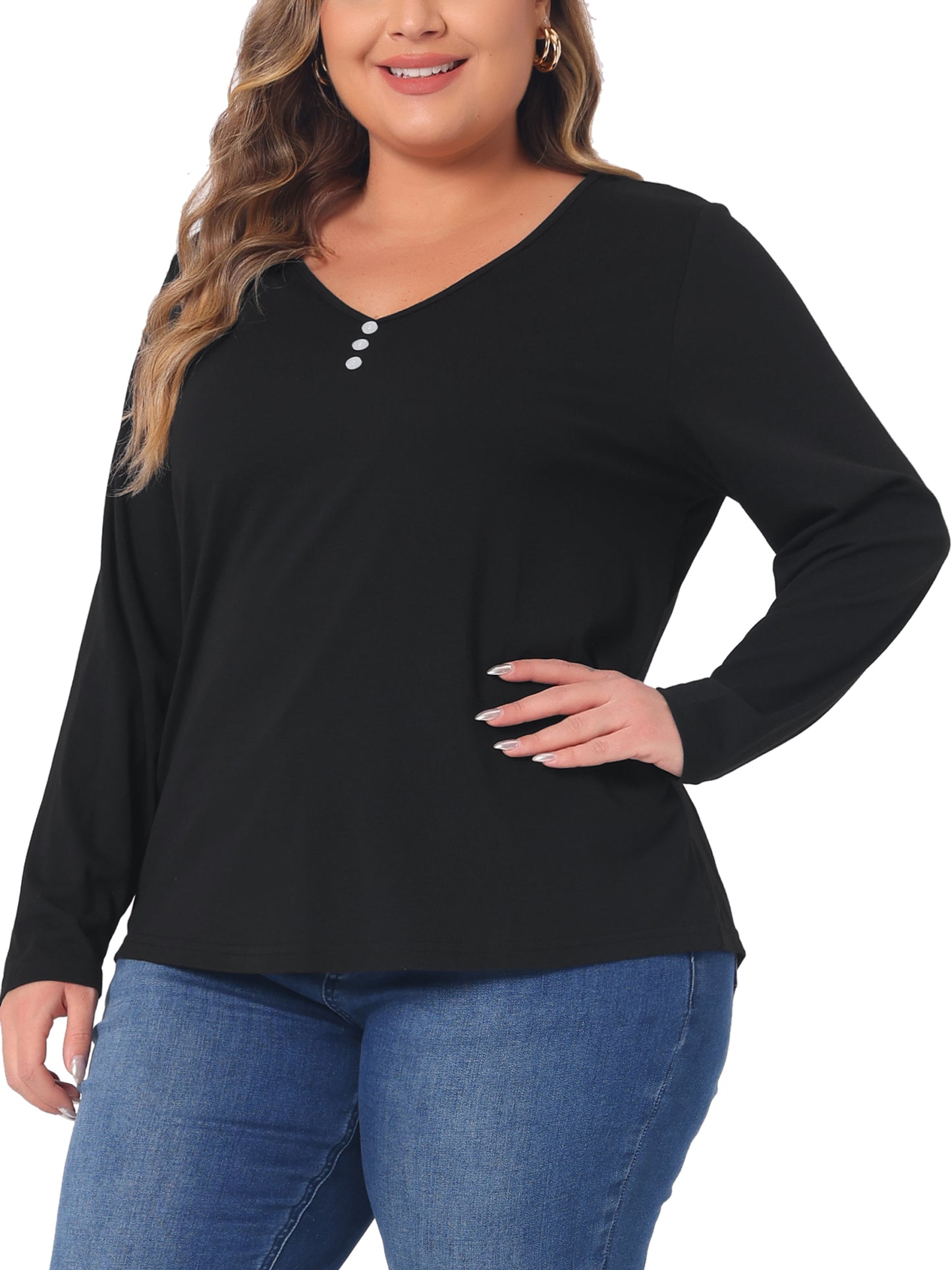 Women Plus Size T-Shirt Casual Tops Button Front Long Sleeve Tee Top