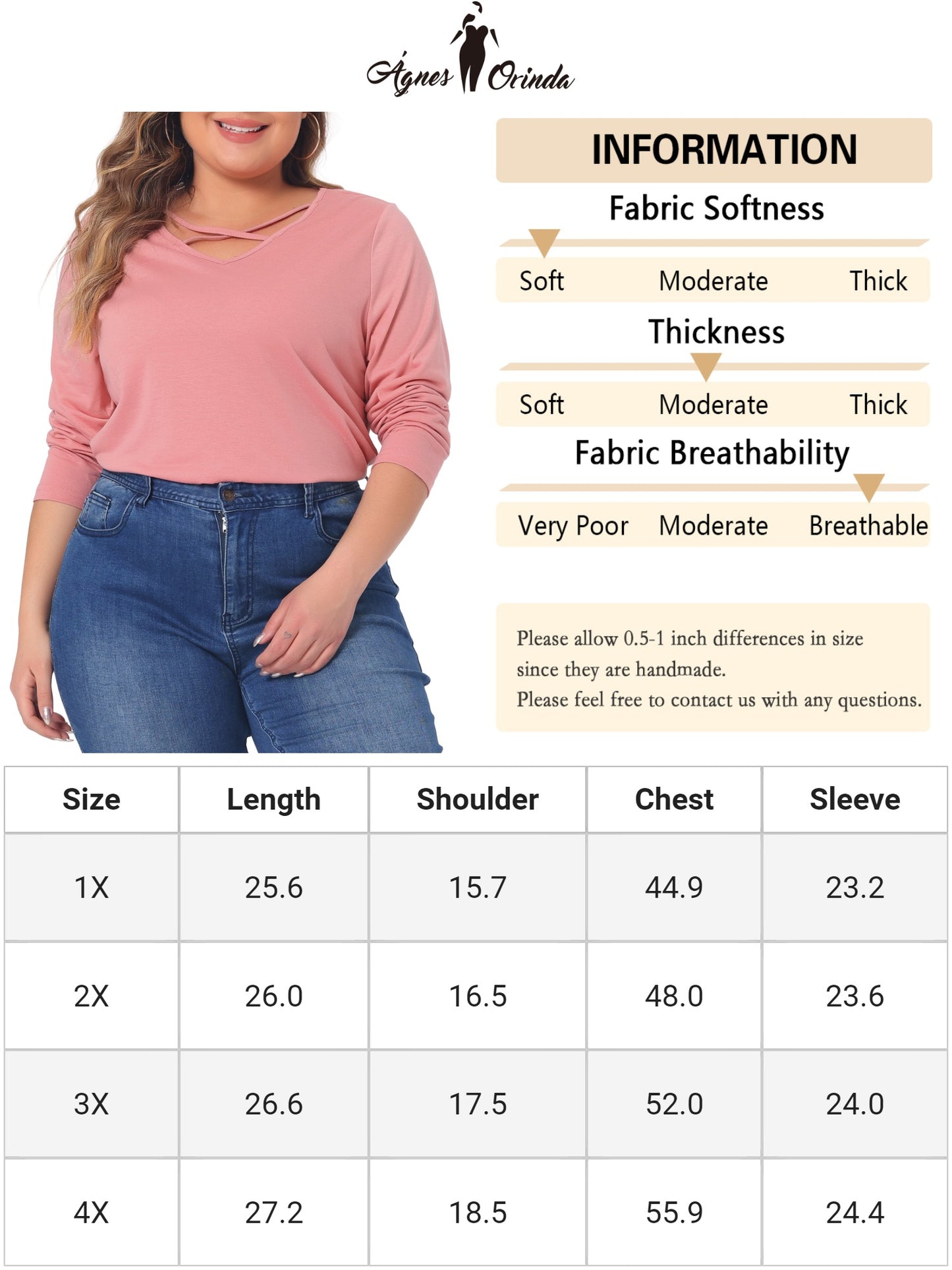 Women Plus Size Top Cross V Neck Casual Long Sleeves T-shirt