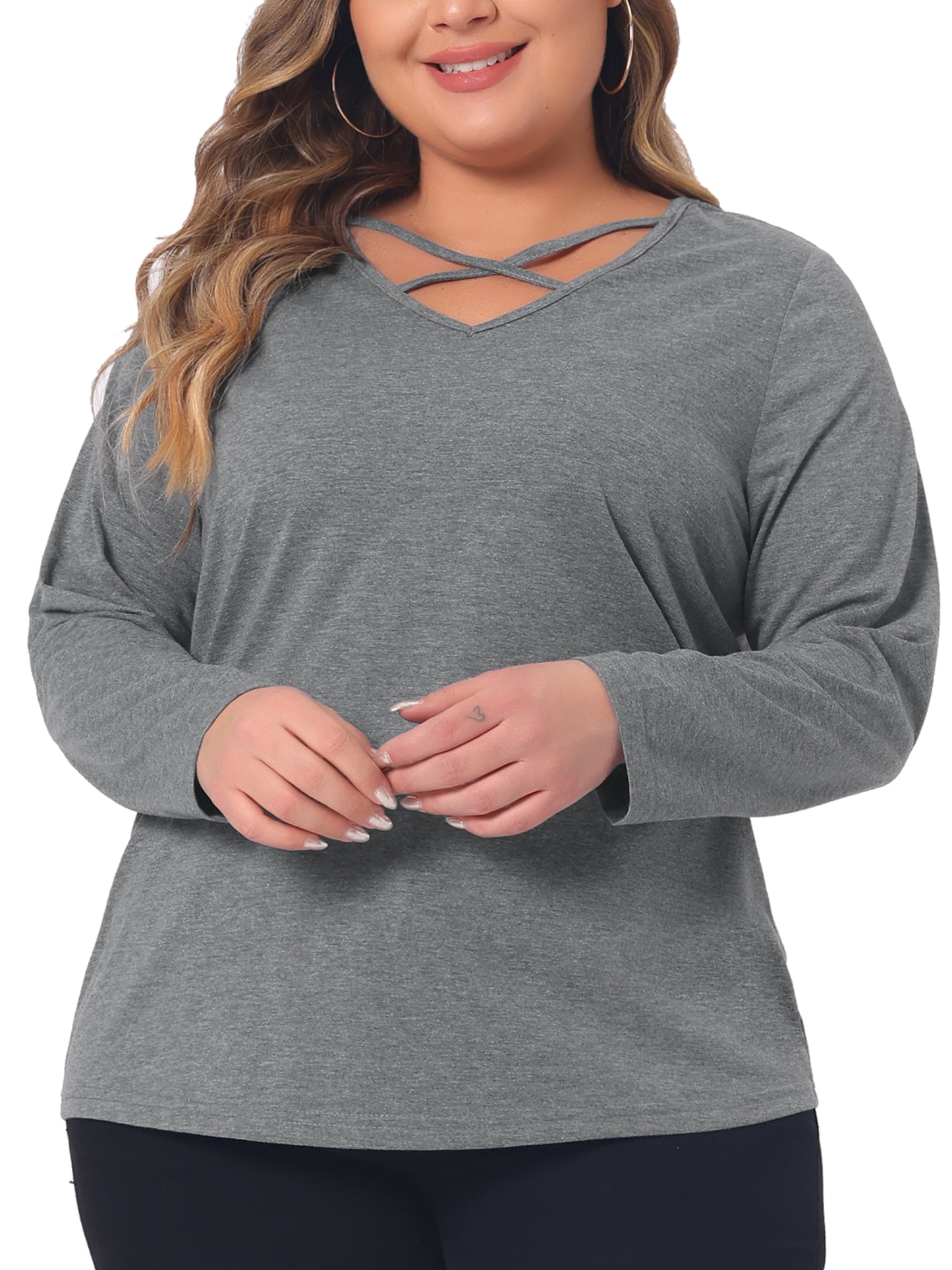 Women Plus Size Top Cross V Neck Casual Long Sleeves T-shirt