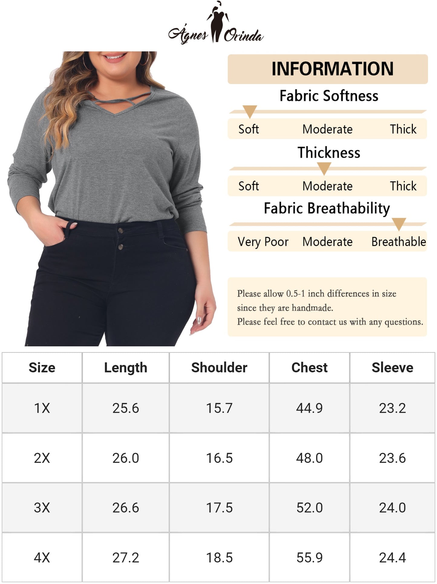 Women Plus Size Top Cross V Neck Casual Long Sleeves T-shirt