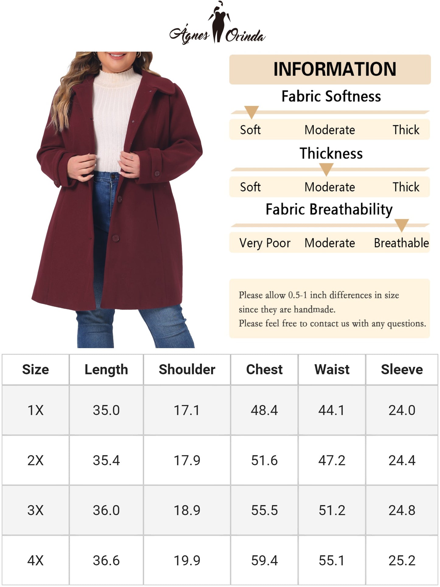 Women Plus Size Coats Peter Pan Collar Cuff Single Breasted Trench Jacket Winter Long Coat