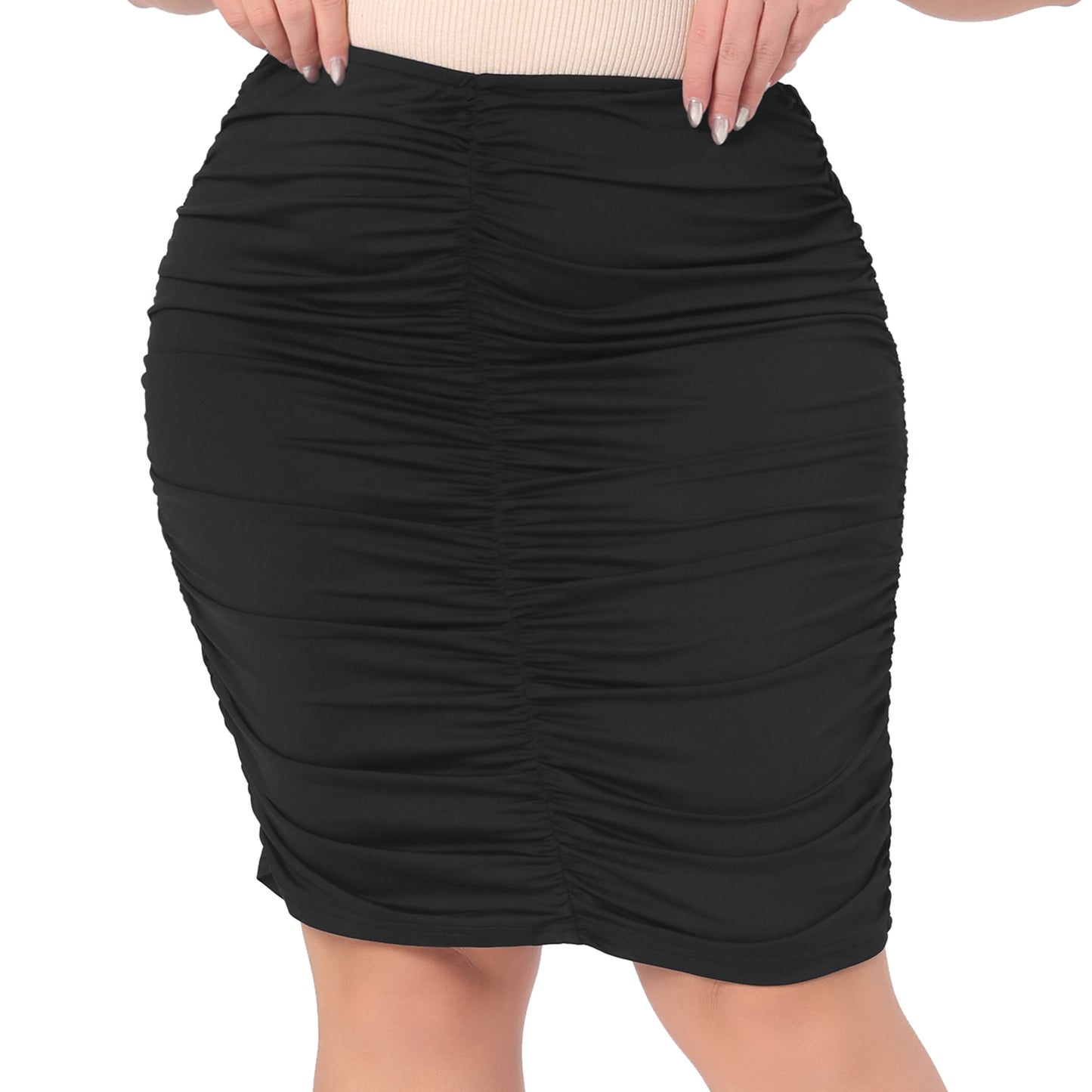 Women's Plus Size Skirts Elastic High Waist Ruched Bodycon Stretch Elegant Pencil Midi Skirt