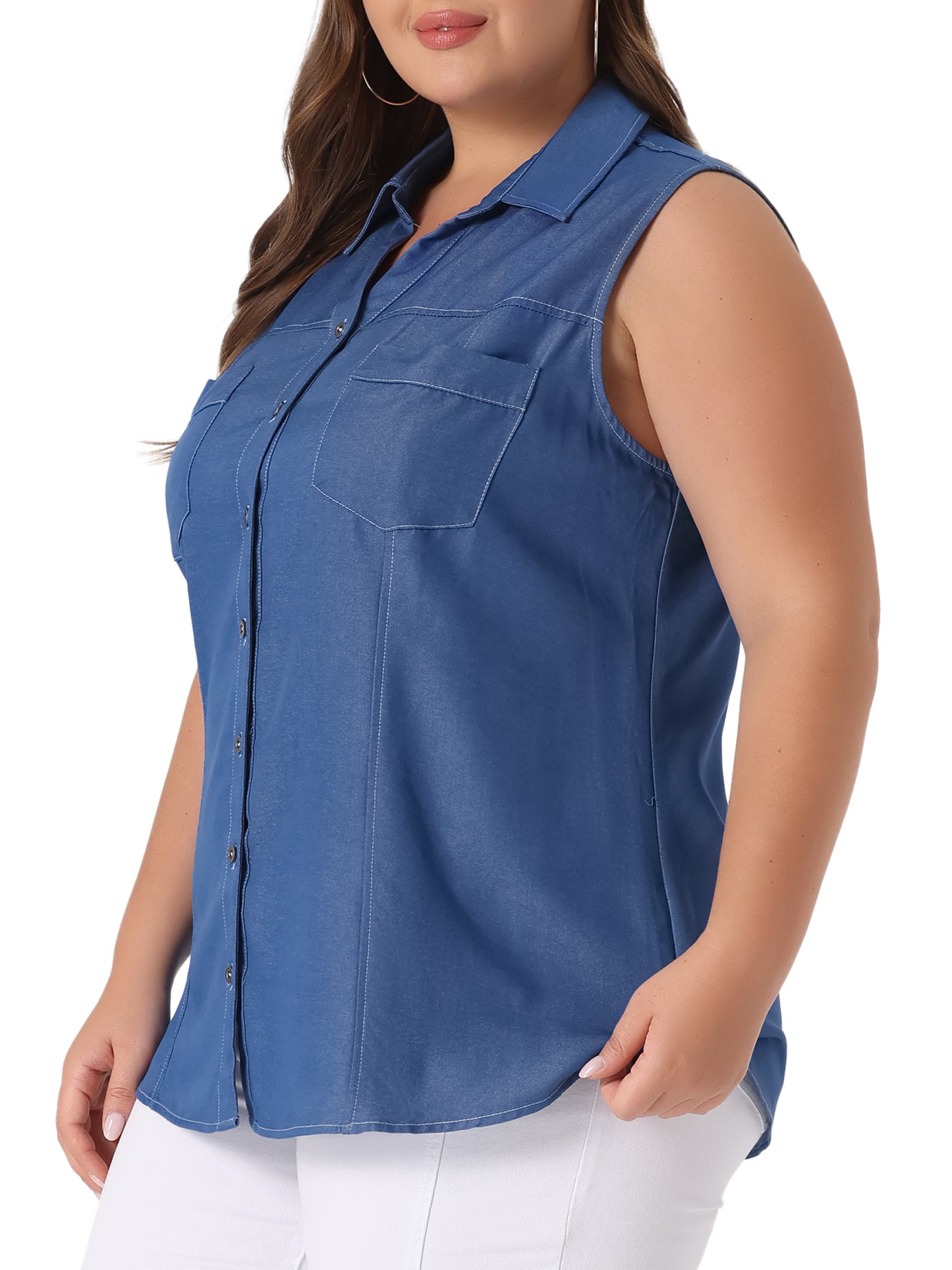 Women Plus Size Chambray Top Sleeveless Button Down Work Summer Shirt