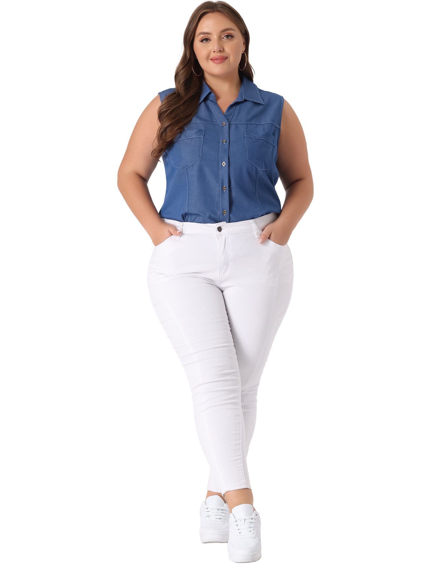 Women Plus Size Chambray Top Sleeveless Button Down Work Summer Shirt
