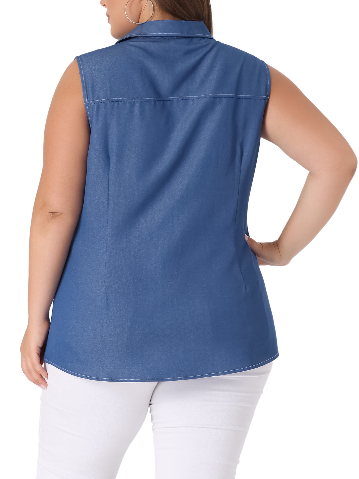 Women Plus Size Chambray Top Sleeveless Button Down Work Summer Shirt