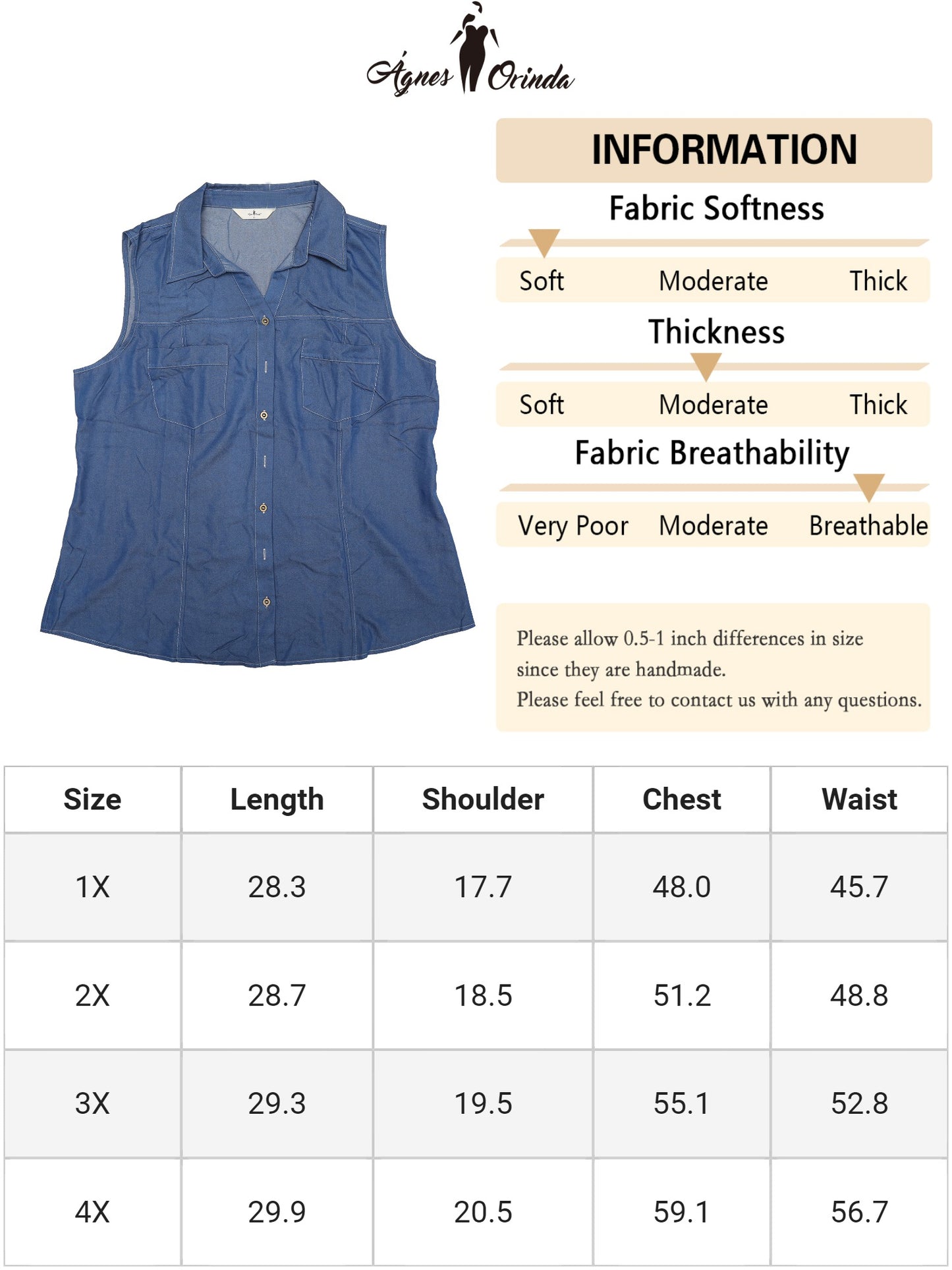 Women Plus Size Chambray Top Sleeveless Button Down Work Summer Shirt