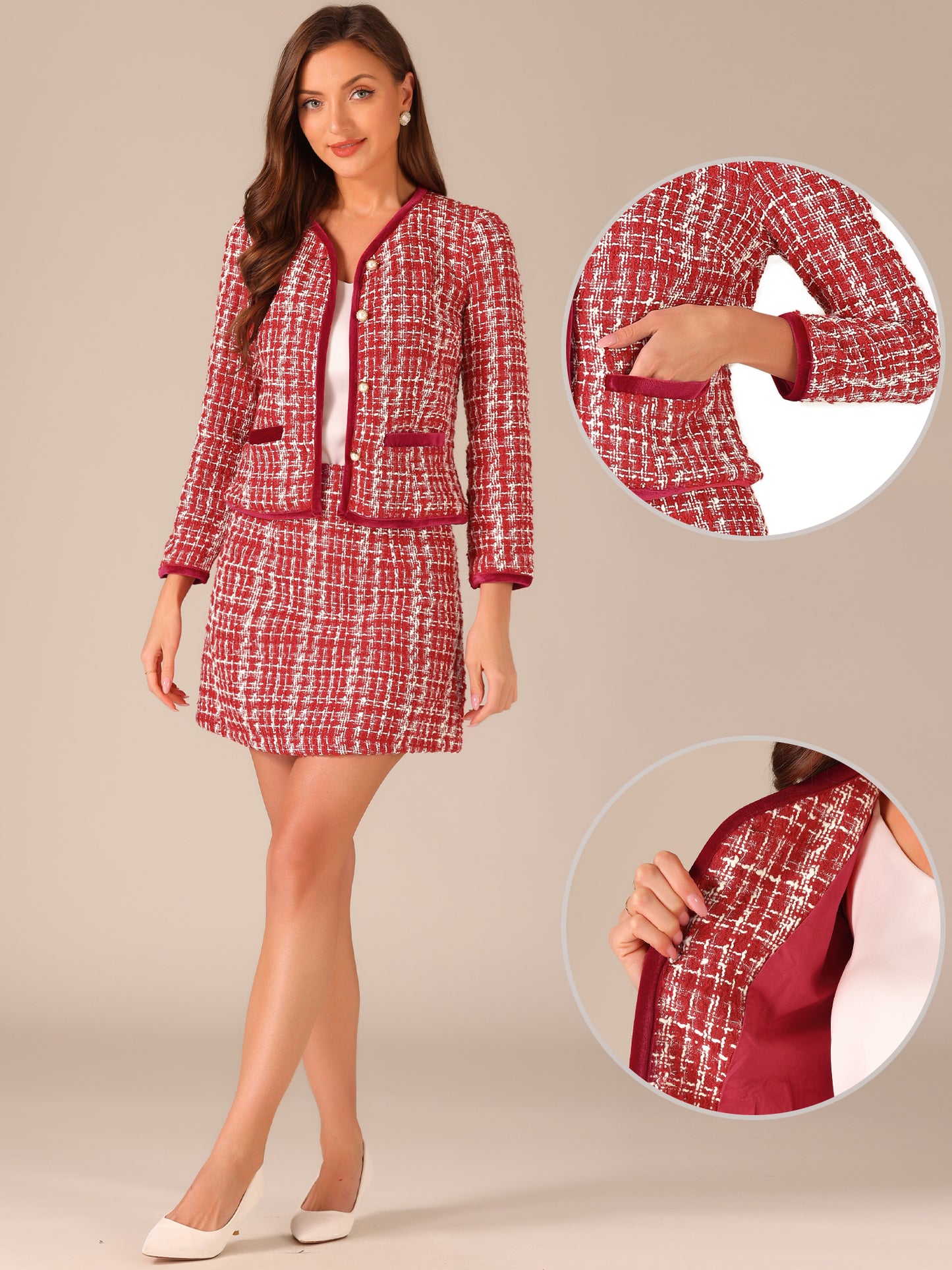 Women's 2 Piece Plaid Tweed Short Blazer Jacket and Skirt Business Suit Set
