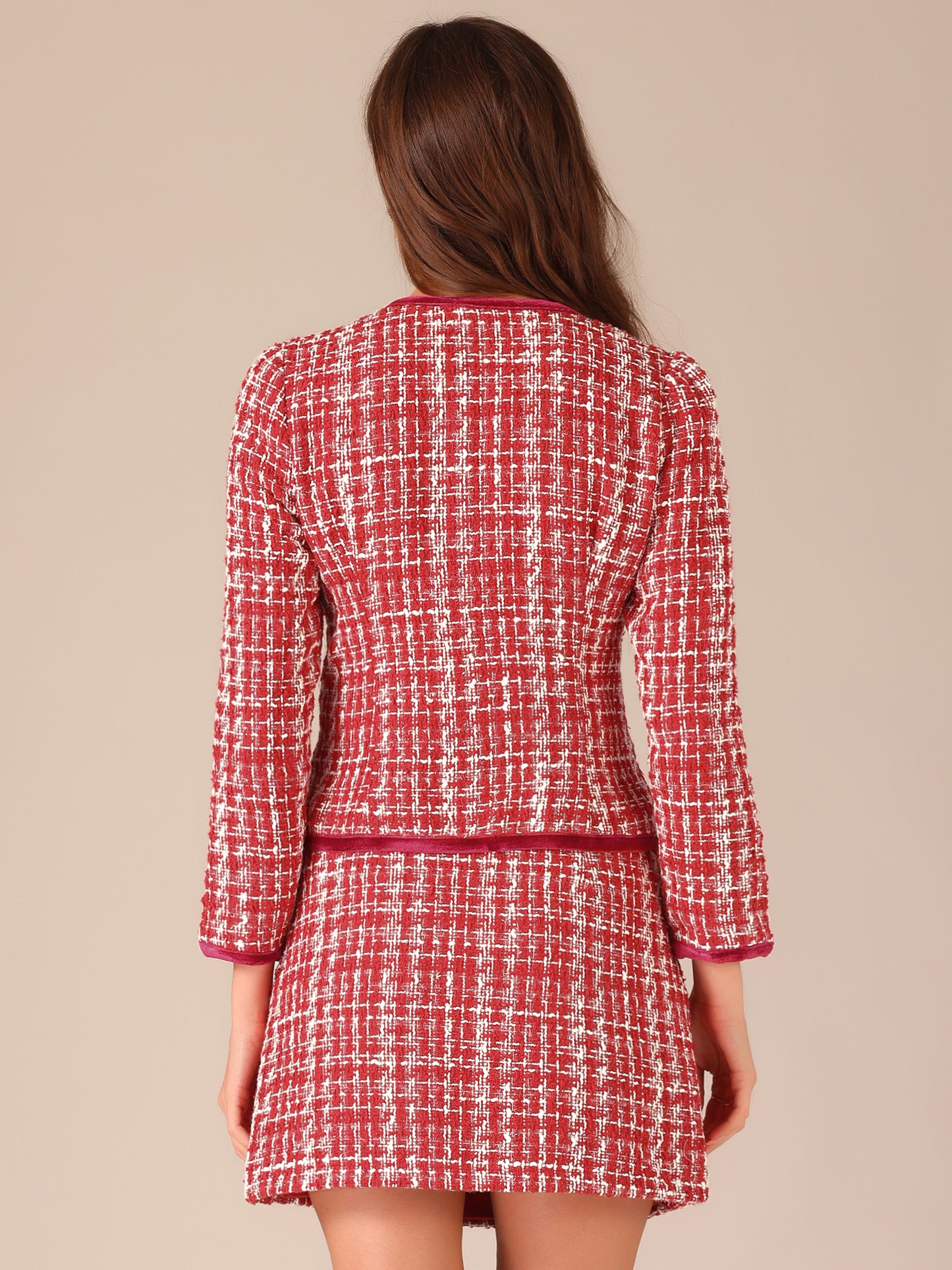 Women's 2 Piece Plaid Tweed Short Blazer Jacket and Skirt Business Suit Set