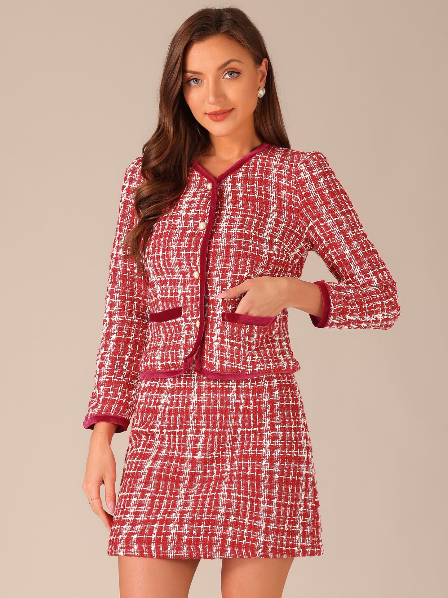 Women's 2 Piece Plaid Tweed Short Blazer Jacket and Skirt Business Suit Set